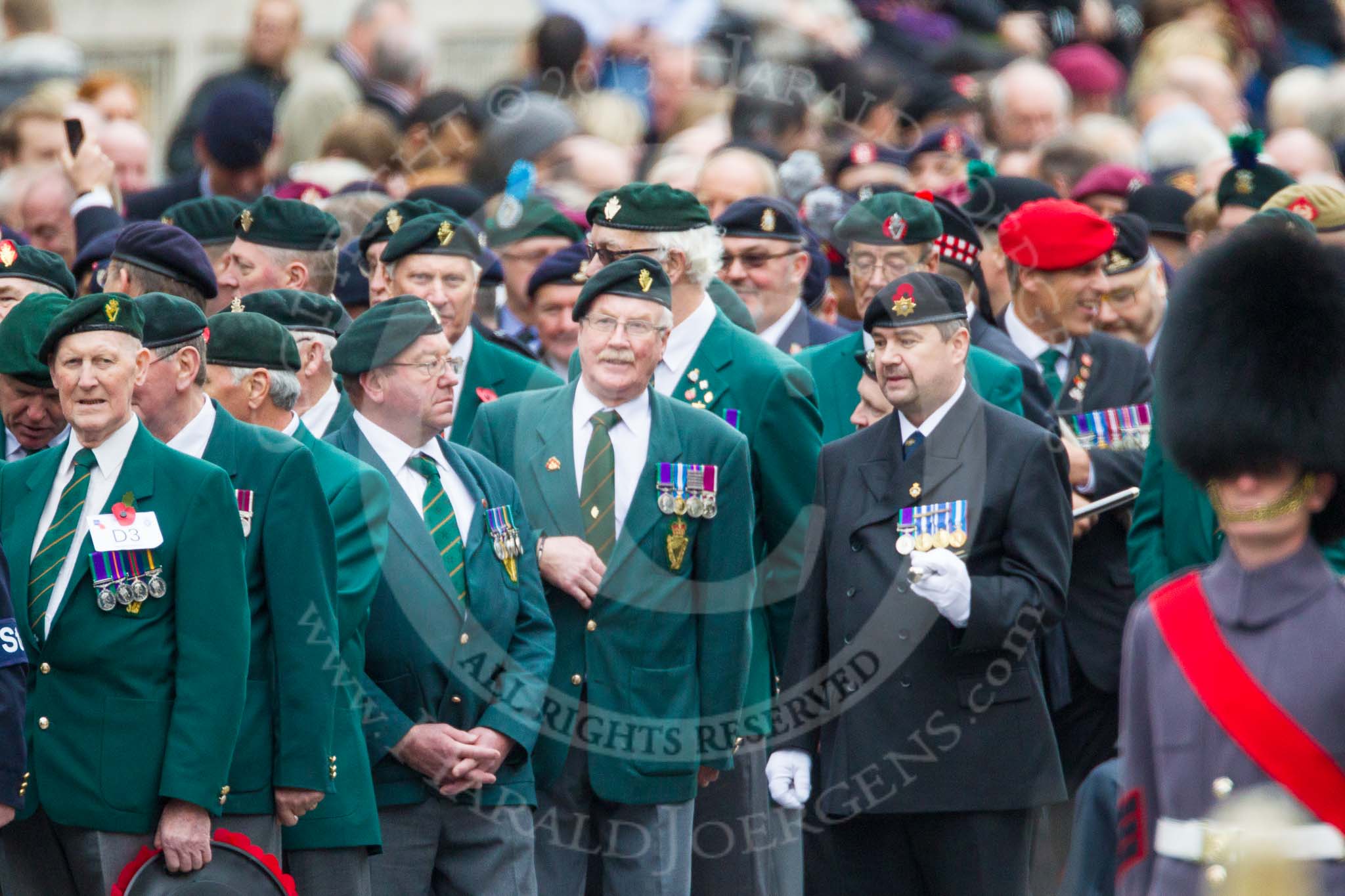 Remembrance Sunday at the Cenotaph 2015: The left of the three very long columns before the start of the March Past, here group D3, Ulster Defence Regiment.
Cenotaph, Whitehall, London SW1,
London,
Greater London,
United Kingdom,
on 08 November 2015 at 11:23, image #3