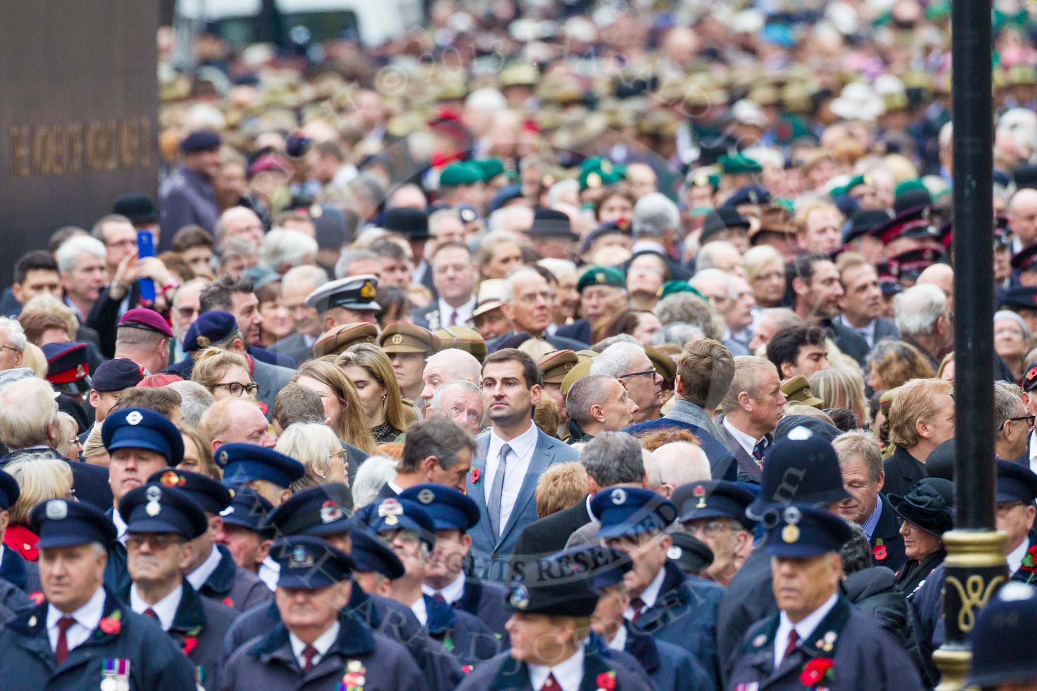 Remembrance Sunday at the Cenotaph 2015: Over 10.000 Veterans waiting for the begin of the March Past, in front the TFL group.
Cenotaph, Whitehall, London SW1,
London,
Greater London,
United Kingdom,
on 08 November 2015 at 11:26, image #7