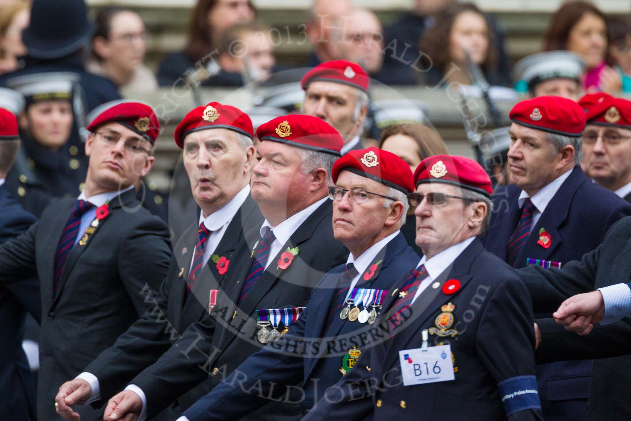 Remembrance Sunday at the Cenotaph 2015: Group B16, Royal Military Police Association.
Cenotaph, Whitehall, London SW1,
London,
Greater London,
United Kingdom,
on 08 November 2015 at 11:40, image #133