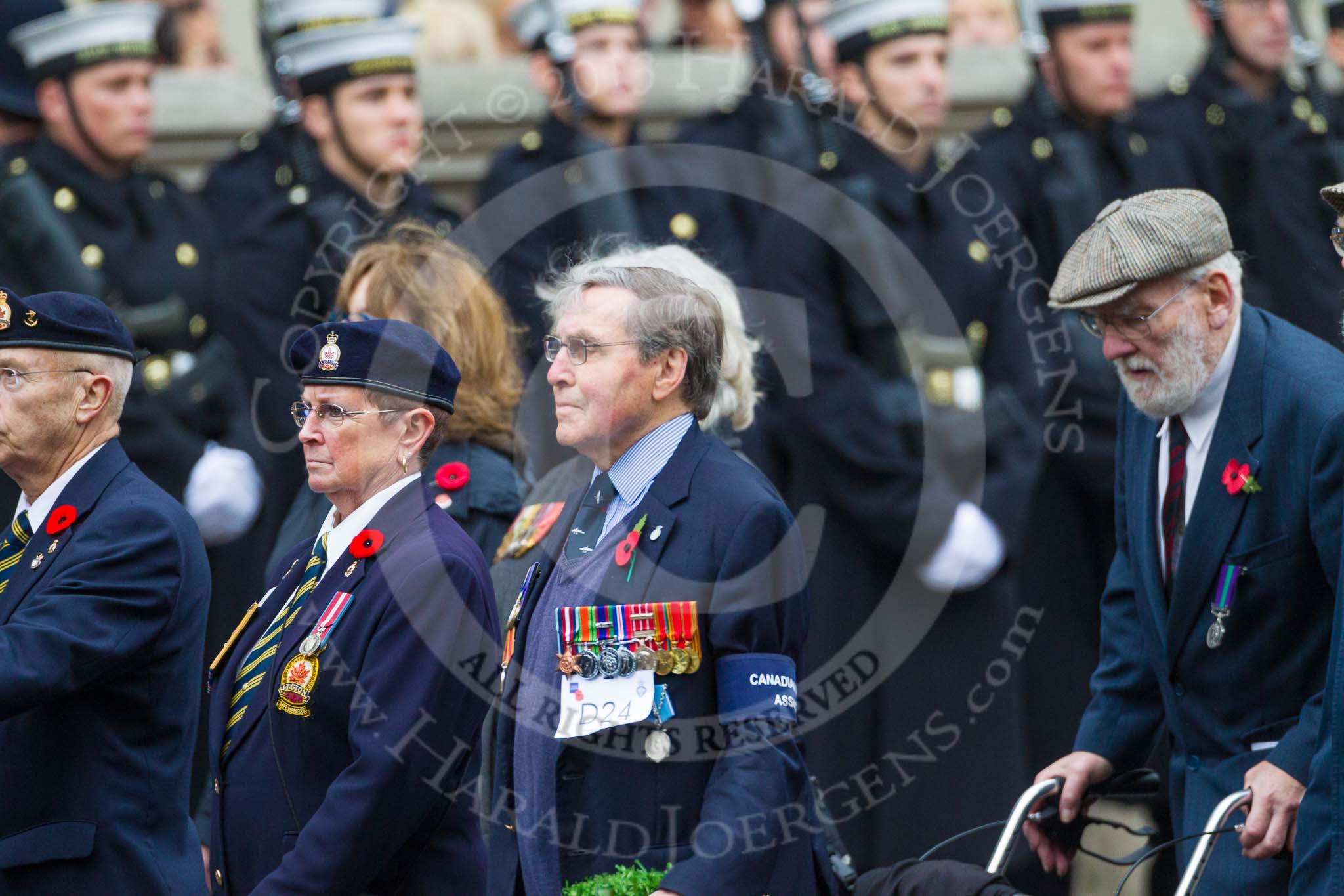 Remembrance Sunday at the Cenotaph 2015: Group D24, Canadian Veterans Association.
Cenotaph, Whitehall, London SW1,
London,
Greater London,
United Kingdom,
on 08 November 2015 at 11:55, image #728