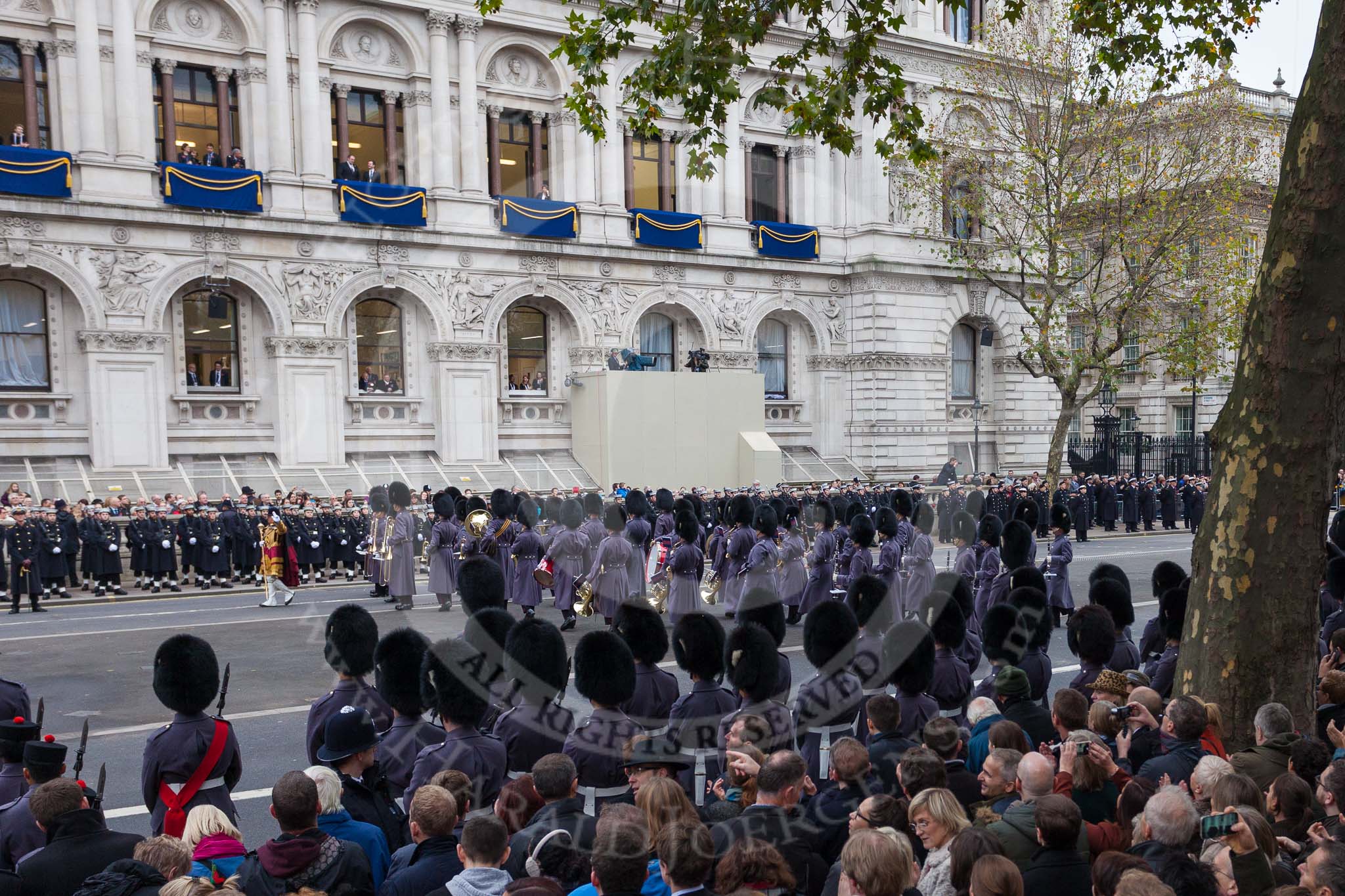 Remembrance Sunday at the Cenotaph 2015: The Massed Bands move position to allow  the second of the three columns of veterans to march past the Cenotaph.
Cenotaph, Whitehall, London SW1,
London,
Greater London,
United Kingdom,
on 08 November 2015 at 11:56, image #748