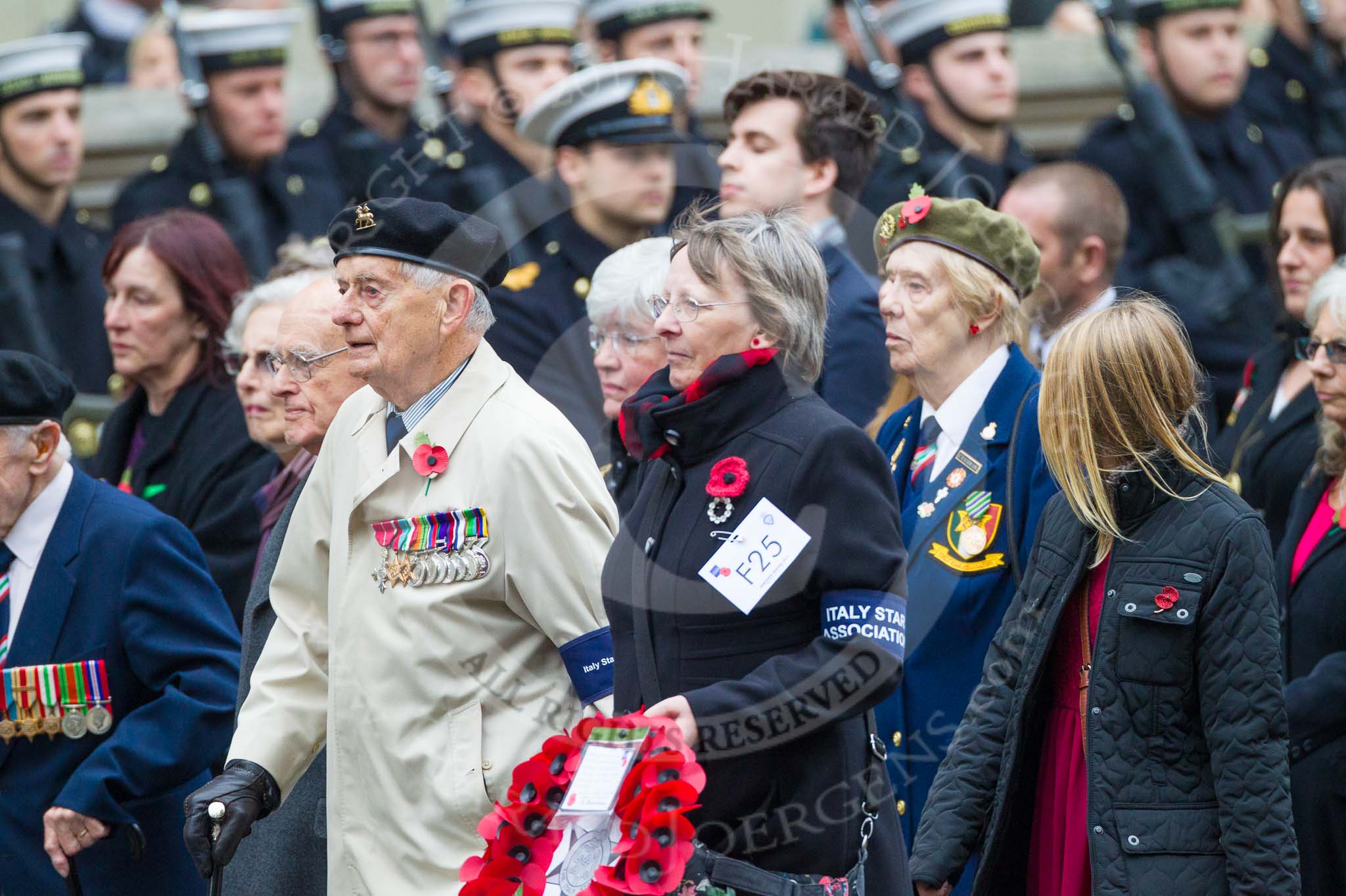 Remembrance Sunday at the Cenotaph 2015: Group F25, Italy Star Association 1943-1945.
Cenotaph, Whitehall, London SW1,
London,
Greater London,
United Kingdom,
on 08 November 2015 at 12:07, image #1136