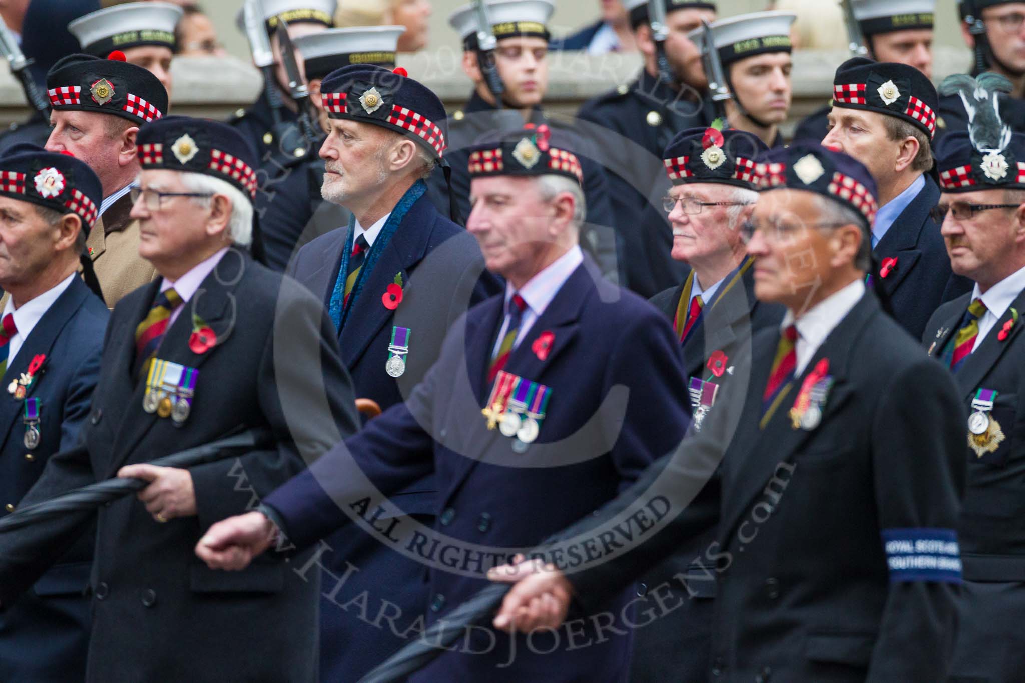 Remembrance Sunday at the Cenotaph 2015: Group A4, King's Own Scottish Borderers.
Cenotaph, Whitehall, London SW1,
London,
Greater London,
United Kingdom,
on 08 November 2015 at 12:09, image #1199