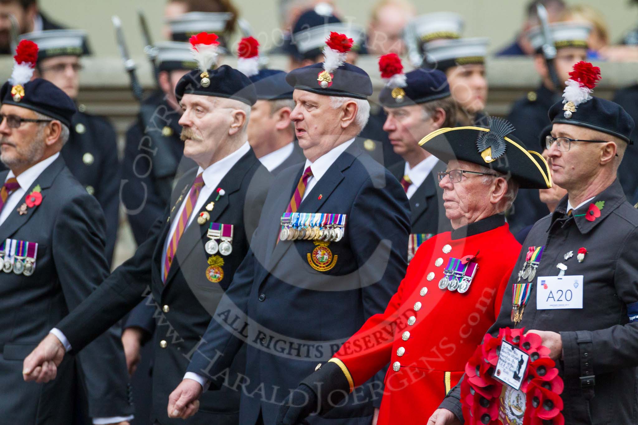 Remembrance Sunday at the Cenotaph 2015: Group A20, Royal Northumberland Fusiliers.
Cenotaph, Whitehall, London SW1,
London,
Greater London,
United Kingdom,
on 08 November 2015 at 12:12, image #1325