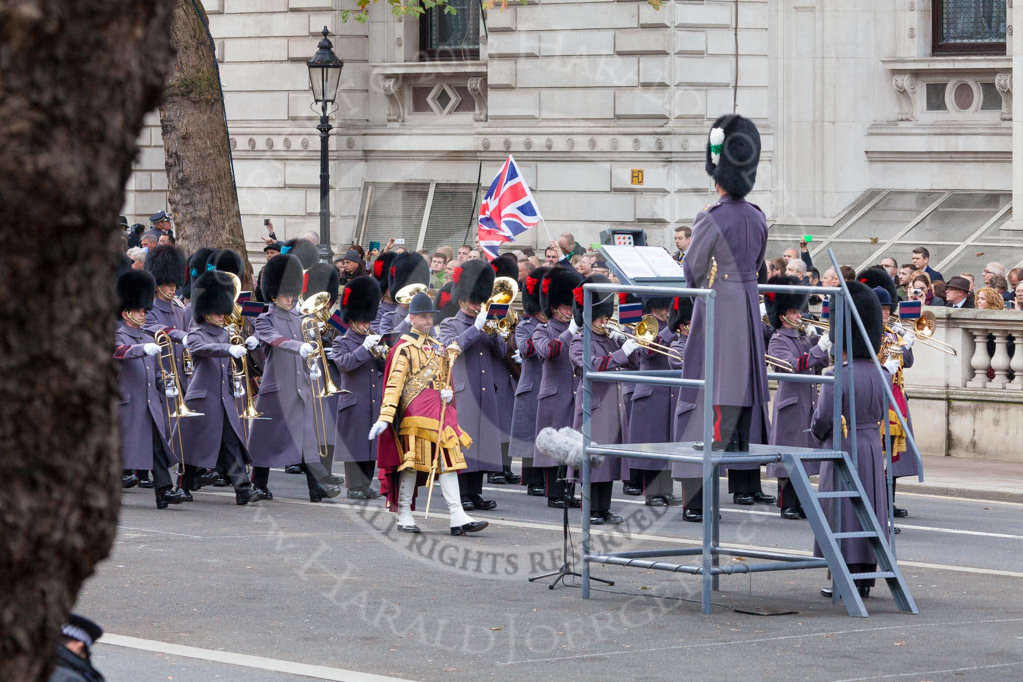 Remembrance Sunday at the Cenotaph 2015: The first two Massed Bands are getting into position. Image #45, 08 November 2015 10:24 Whitehall, London, UK