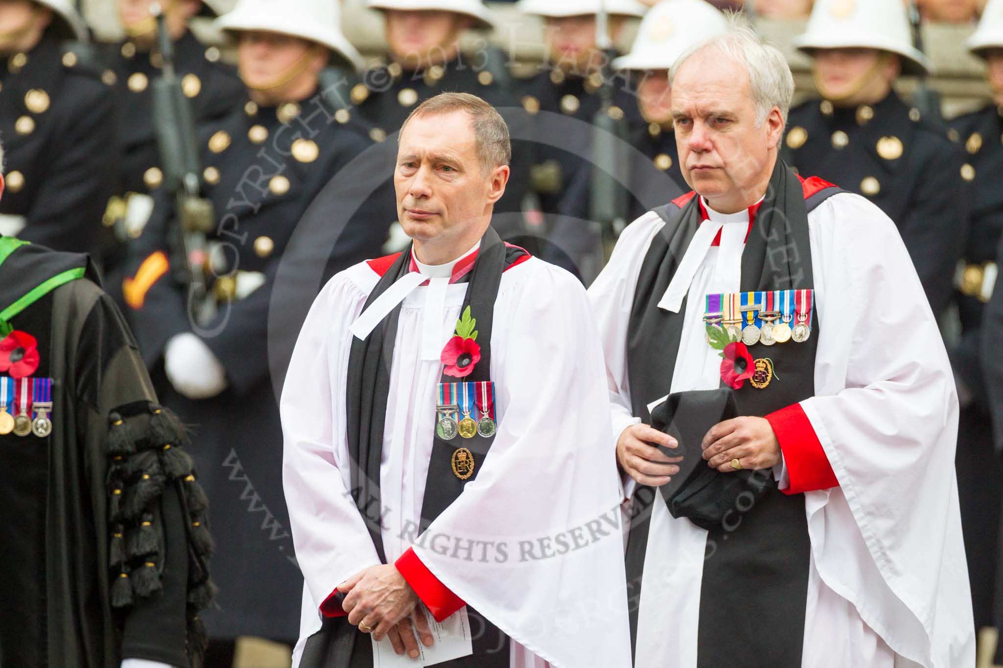 Remembrance Sunday at the Cenotaph 2015: The Chaplain-in-Chief of the RAF, The Venerable (Air Vice Marshal) Jonathan Chaffey QHC RAF and the Sub-Dean of Her Majesty's Chapels Royal, the Reverend Canon Paul Wright. Image #84, 08 November 2015 10:54 Whitehall, London, UK