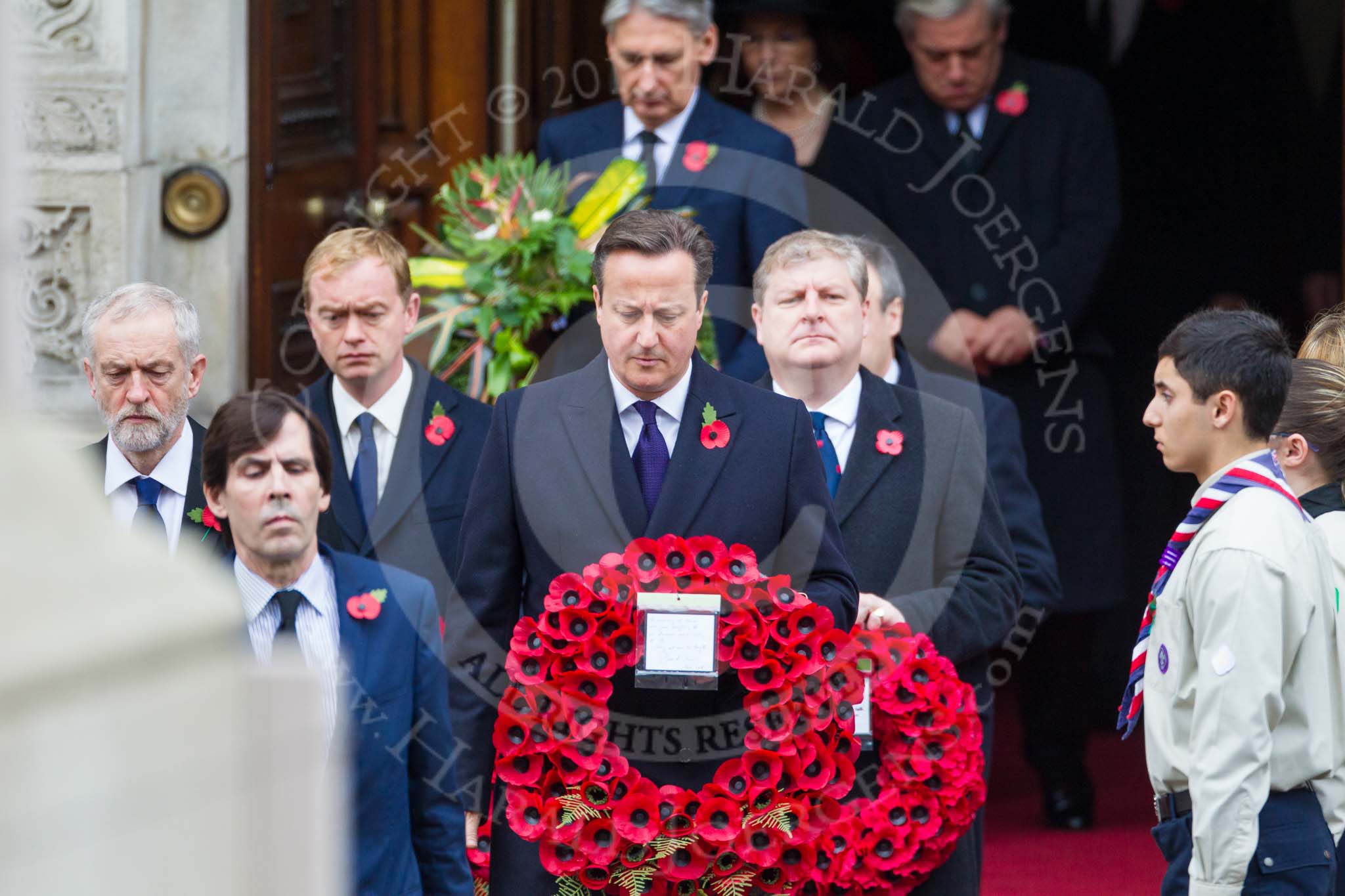 Remembrance Sunday at the Cenotaph 2015: The politicians leaving the Foreign- and Commonwealth Office, led by David Cameron, the Prime Minister, and Jeremy Corbyn as leader of the opposition. Image #87, 08 November 2015 10:55 Whitehall, London, UK