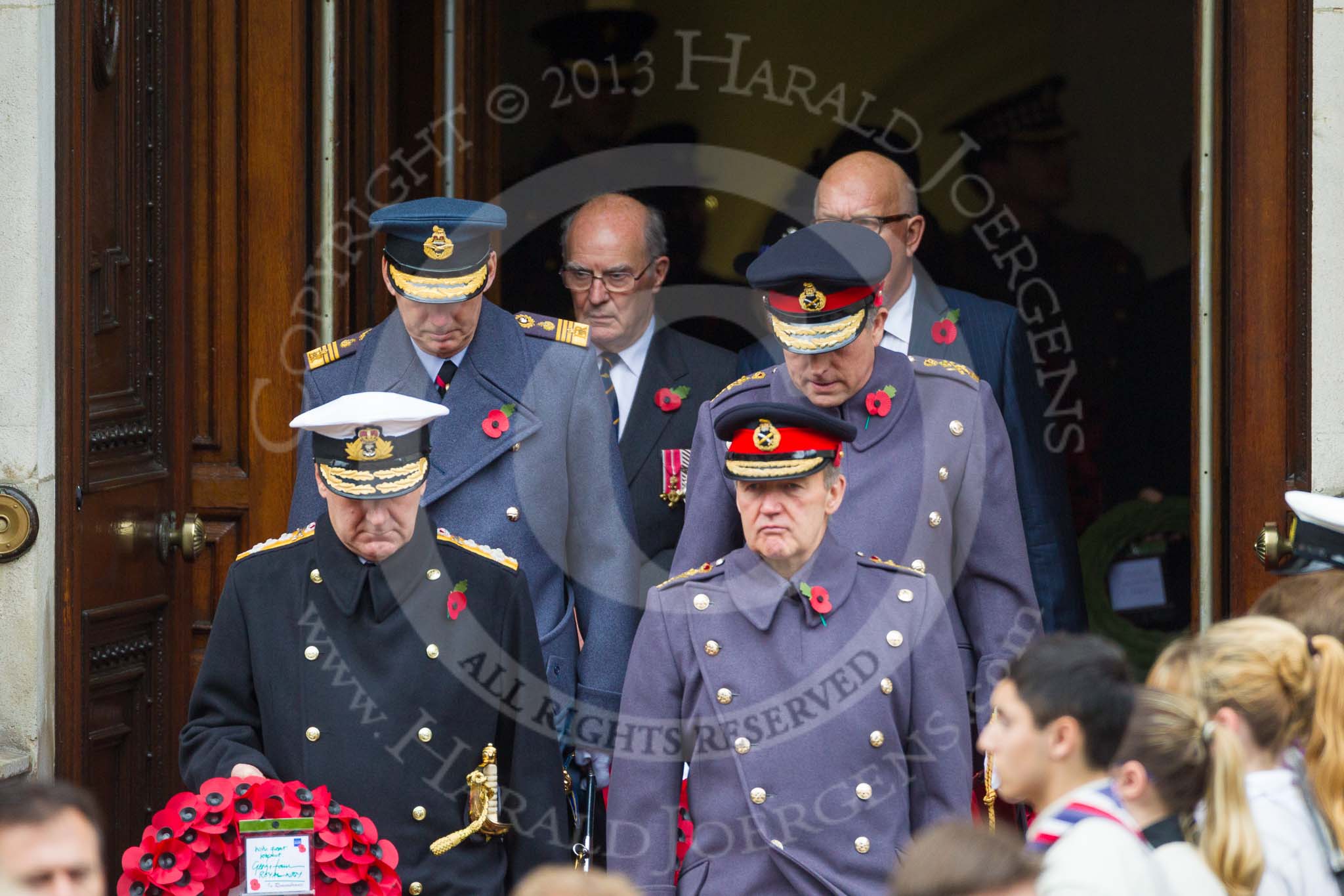 Remembrance Sunday at the Cenotaph 2015: Admiral Sir George Zambellas, the First Sea Lord  and Chief of the Naval Staff, and General Sir Nicholas Houghton, Chief of the Defence Staff  , leaving the Foreign- and Commonwealth Office Building. Image #91, 08 November 2015 10:55 Whitehall, London, UK