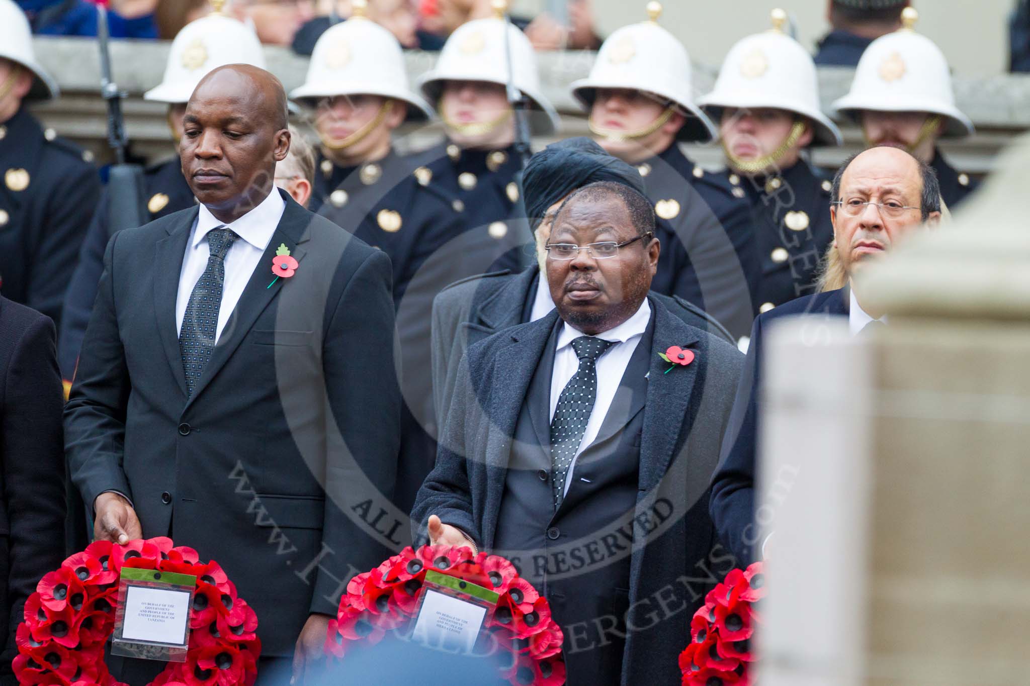 Remembrance Sunday at the Cenotaph 2015: The High Commissioner of Tanzania, the Deputy High Commissioner of Sierra Leone, and the High Commissioner of Cyprus with their wreaths at the Cenotaph. Image #110, 08 November 2015 10:57 Whitehall, London, UK