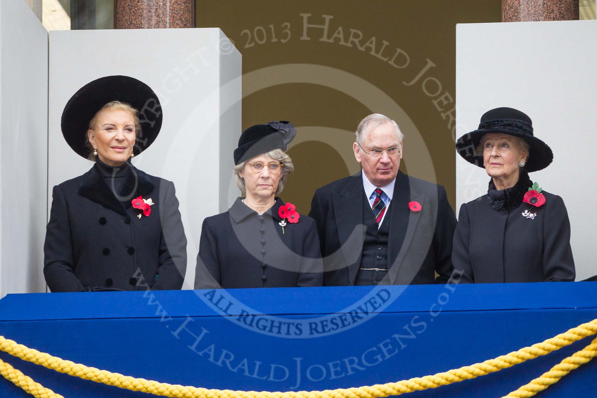 Remembrance Sunday at the Cenotaph 2015: HRH Princess Michael of Kent, THR The Duchess and Duke of Gloucester, and HRH Princess Alexandra, the Hon. Lady Ogilvy,  on the centre balcony of the Foreign- and Commonwealth Office building. Image #123, 08 November 2015 10:58 Whitehall, London, UK