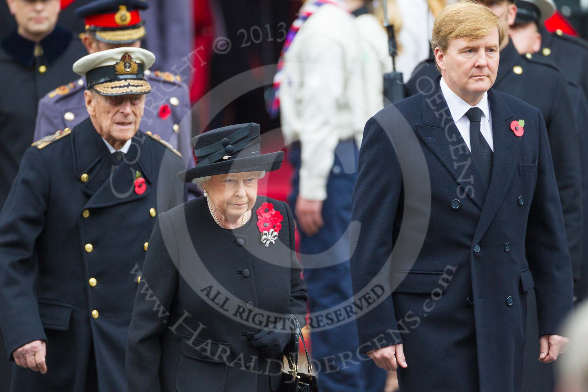 Remembrance Sunday at the Cenotaph 2015: HM King Willem-Alexander of the Netherlands, followed by the other members of the British Royal Family, walking past the Cenotaph. Image #130, 08 November 2015 10:58 Whitehall, London, UK