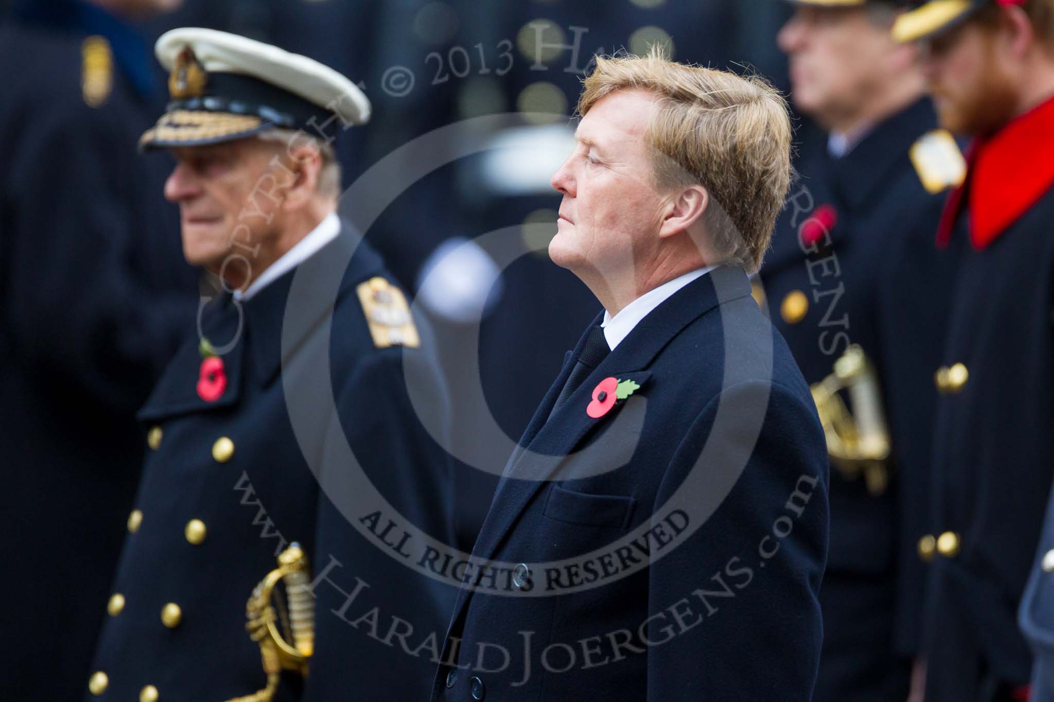 Remembrance Sunday at the Cenotaph 2015: HM The King of the Netherlands, Willem-Alexander, standing next to HM The Duke of Edinburgh at the Cenotaph on Remembrance Sunday 2015. Image #139, 08 November 2015 10:59 Whitehall, London, UK