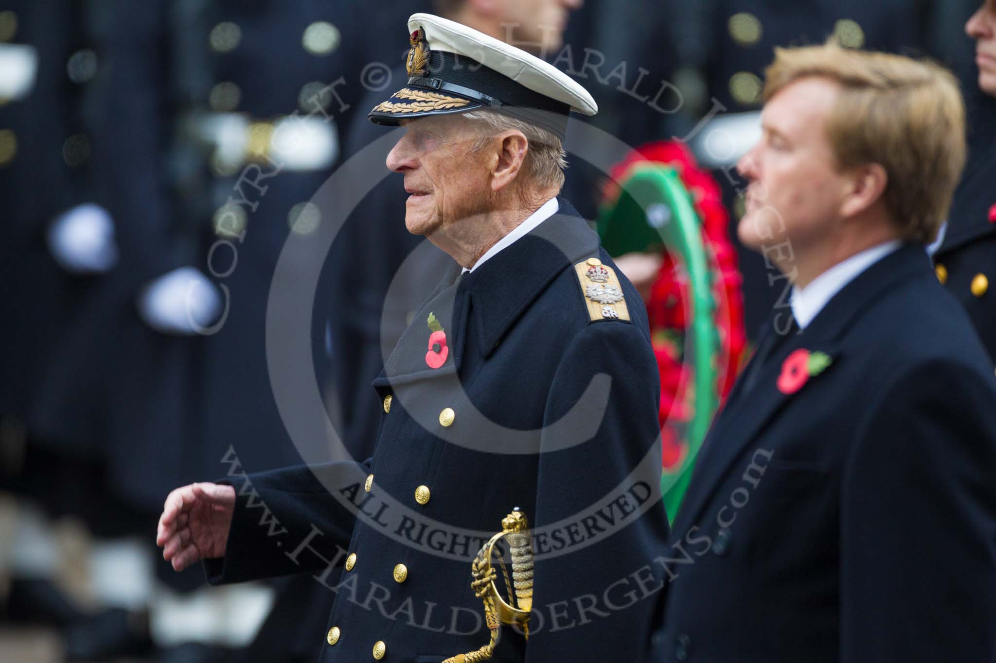 Remembrance Sunday at the Cenotaph 2015: HM The Duke of Edinburgh standing next to  HM The King of the Netherlands, Willem-Alexander, at the Cenotaph on Remembrance Sunday 2015. Image #140, 08 November 2015 10:59 Whitehall, London, UK