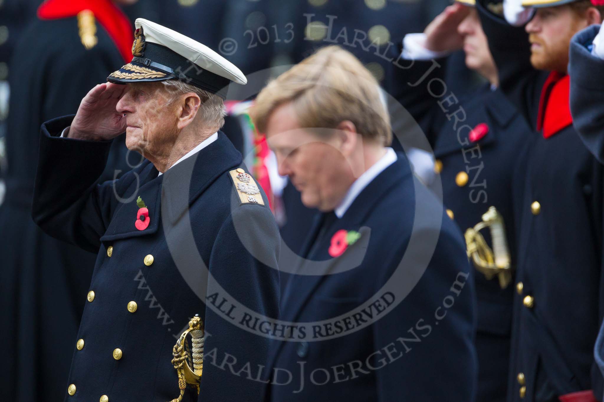 Remembrance Sunday at the Cenotaph 2015: HM The Duke of Edinburgh,saluting, next to  HM The King of the Netherlands, Willem-Alexander, at the Cenotaph on Remembrance Sunday 2015. Image #141, 08 November 2015 10:59 Whitehall, London, UK