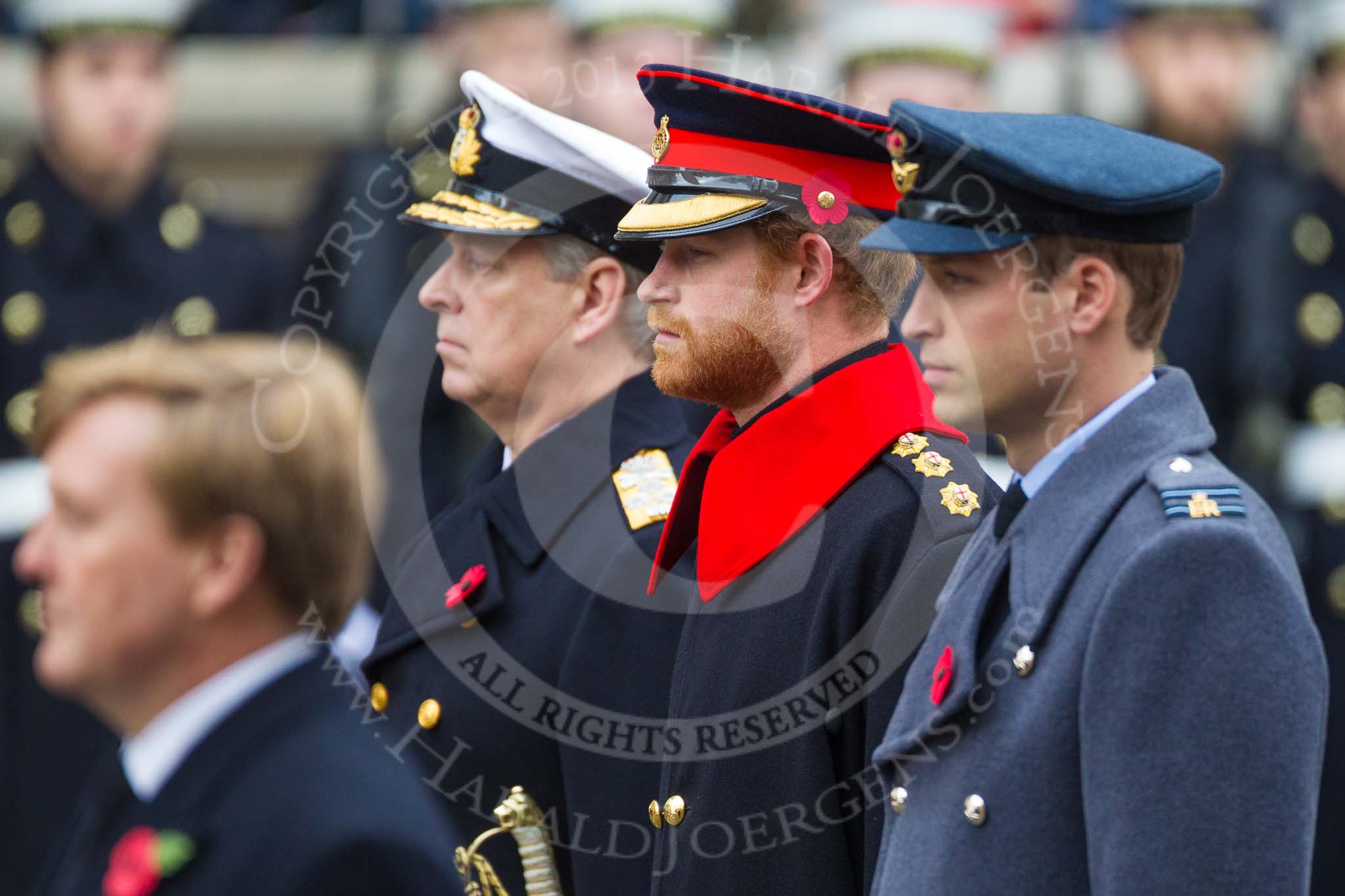 Remembrance Sunday at the Cenotaph 2015: HRH Prince Henry of Wales during the Cenotaph ceremony 2015. Prince Harry is wearing the uniform of  a Captain in the Blues and Royals Household Cavelry Regiment.
To his left is Prince William, to his right the Duke of York. Image #146, 08 November 2015 10:59 Whitehall, London, UK