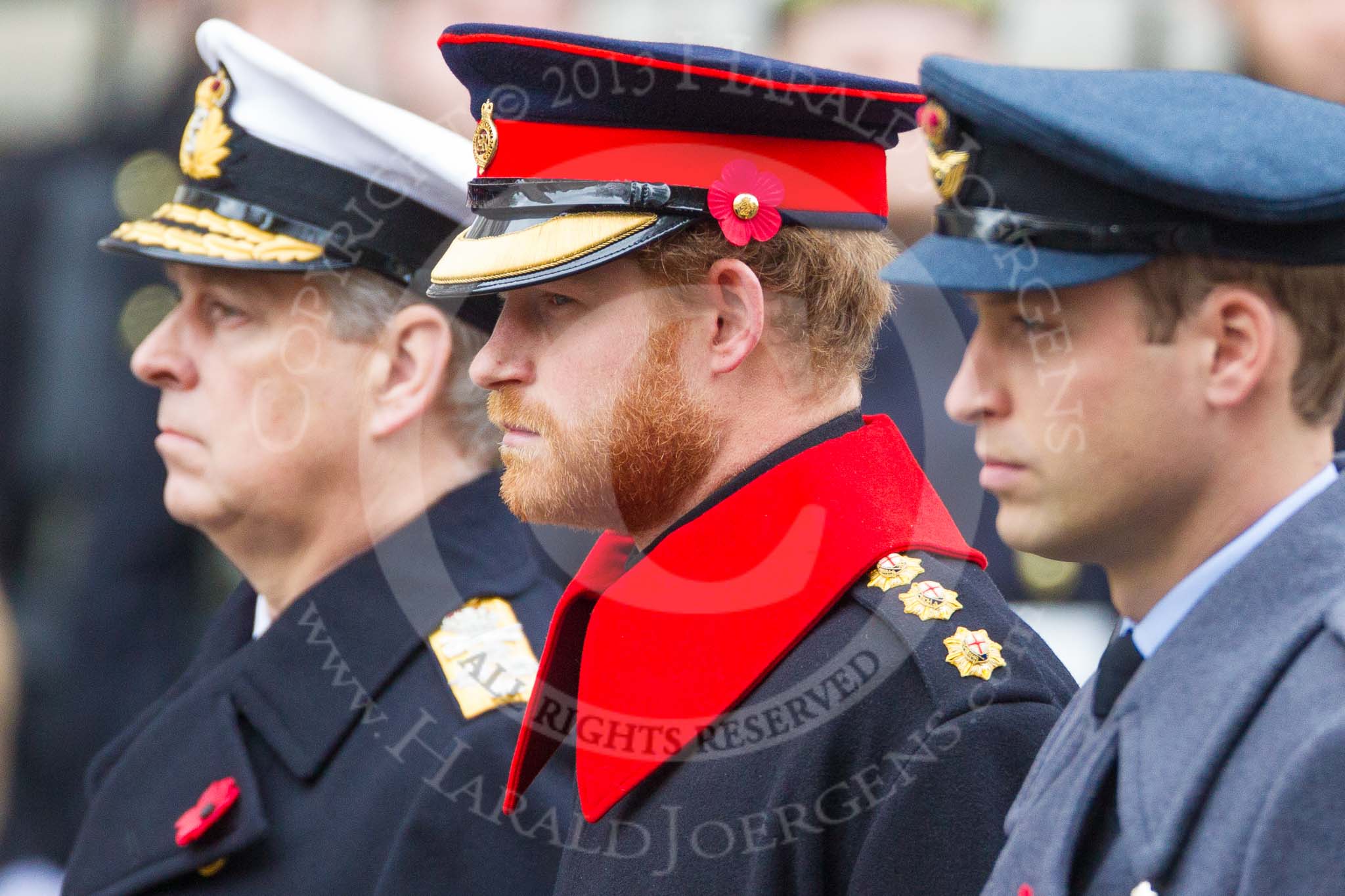 Remembrance Sunday at the Cenotaph 2015: HRH Prince Henry of Wales during the Cenotaph ceremony 2015. Prince Harry is wearing the uniform of  a Captain in the Blues and Royals Household Cavelry Regiment.
To his left is Prince William, to his right the Duke of York. Image #148, 08 November 2015 11:02 Whitehall, London, UK