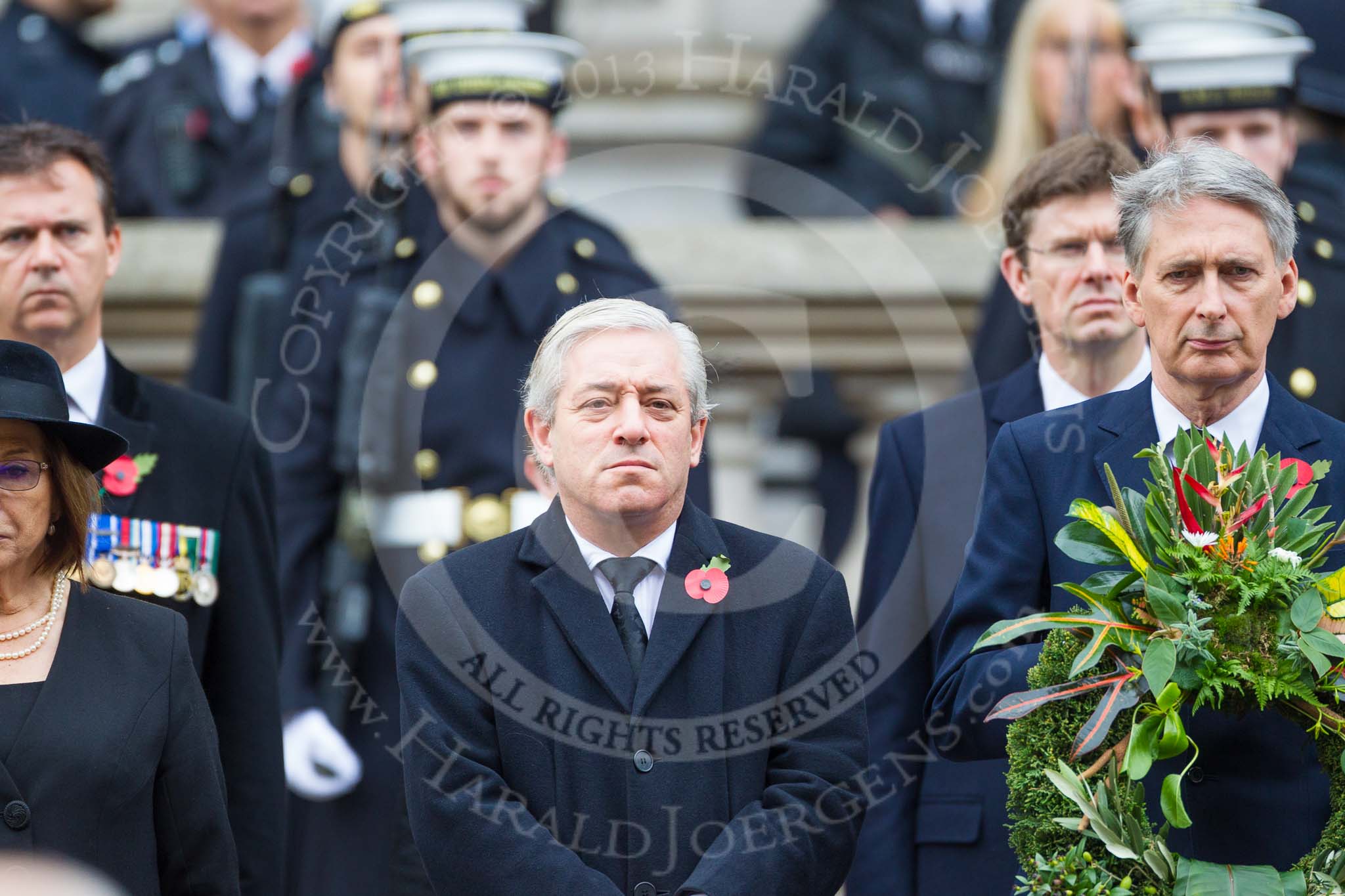 Remembrance Sunday at the Cenotaph 2015: The Speaker of the House of Commons, Rt. Hon John Bercow MP, and The Secretary of State for Foreign and Commonwealth Affairs, the Rt Hon Philip Hammond MP. Image #151, 08 November 2015 11:02 Whitehall, London, UK