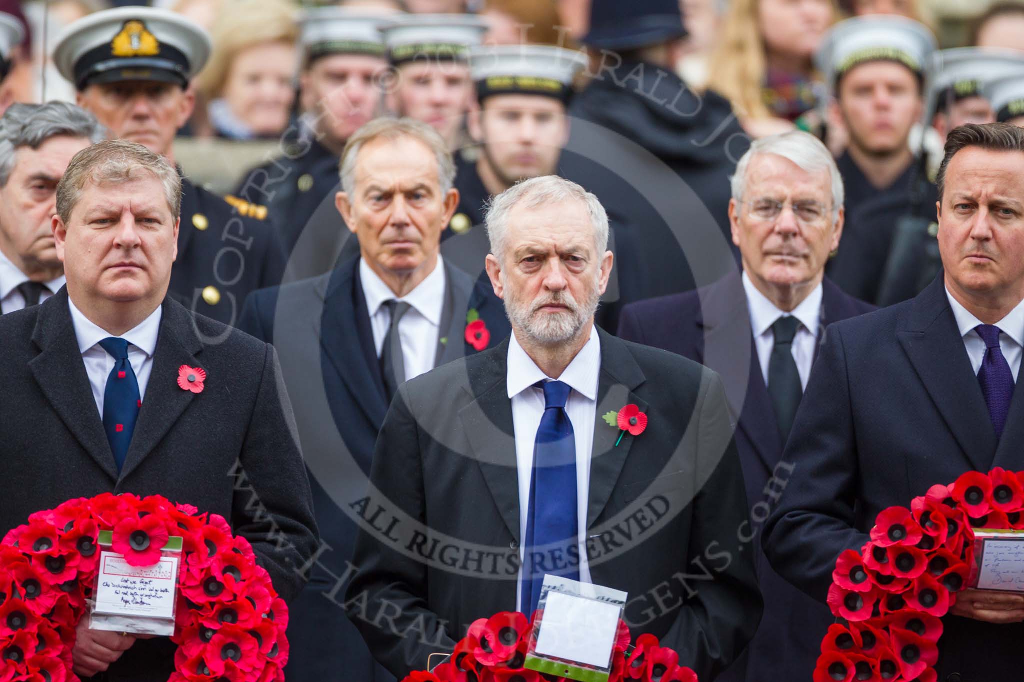 Remembrance Sunday at the Cenotaph 2015: The Westminster Leader of the Scottish National Party, Angus Robertson, the Leader of the Opposition, Jeremy Corbyn, and the Prime Minister, David Cameron. Behind them former prime ministers Gordon Brown,  Tony Blair and John Major. Image #157, 08 November 2015 11:02 Whitehall, London, UK