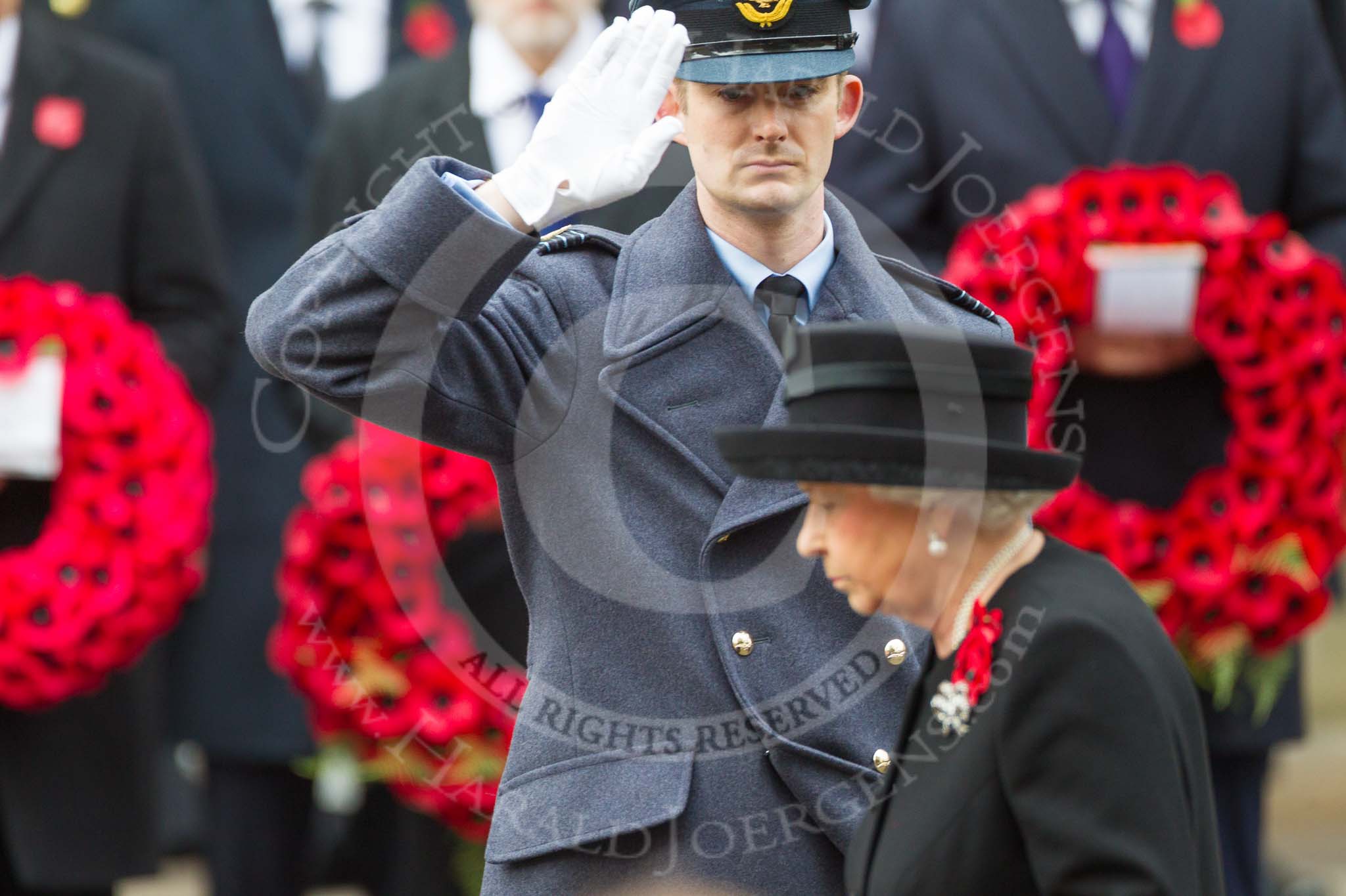 Remembrance Sunday at the Cenotaph 2015: The Equerry to HM The Queen, Wing Commander Sam Fletcher, RAF, after handing over the wreath. Image #171, 08 November 2015 11:03 Whitehall, London, UK