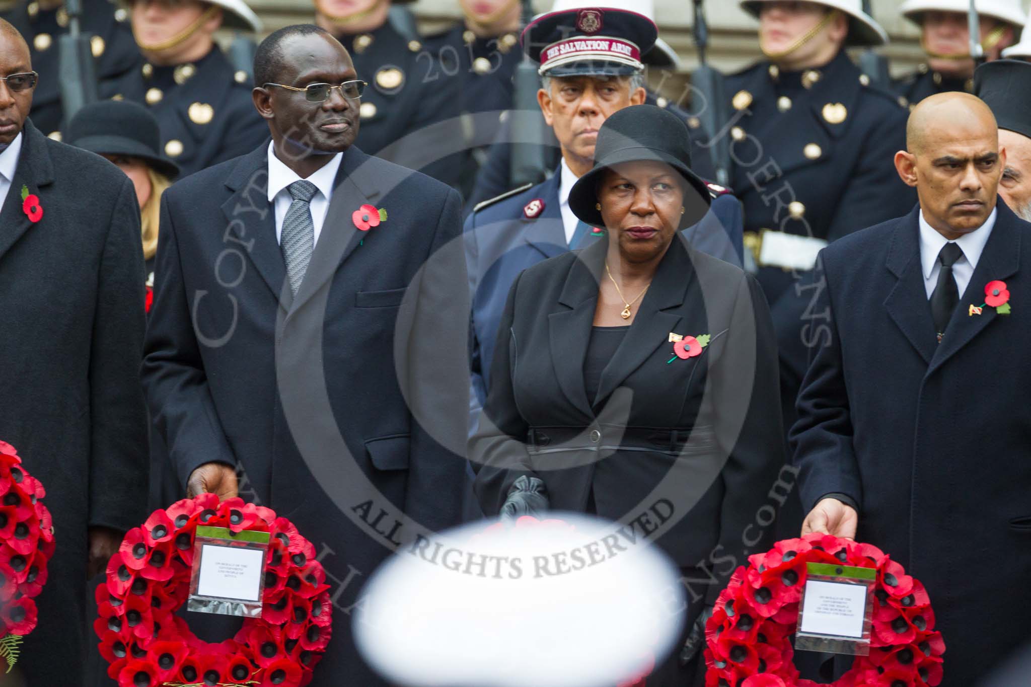 Remembrance Sunday at the Cenotaph 2015: The High Commissioner of Kenya, the High Commissioner of Uganda, and the Acting High Commissioner of Trinidad and Tobago. Image #226, 08 November 2015 11:09 Whitehall, London, UK