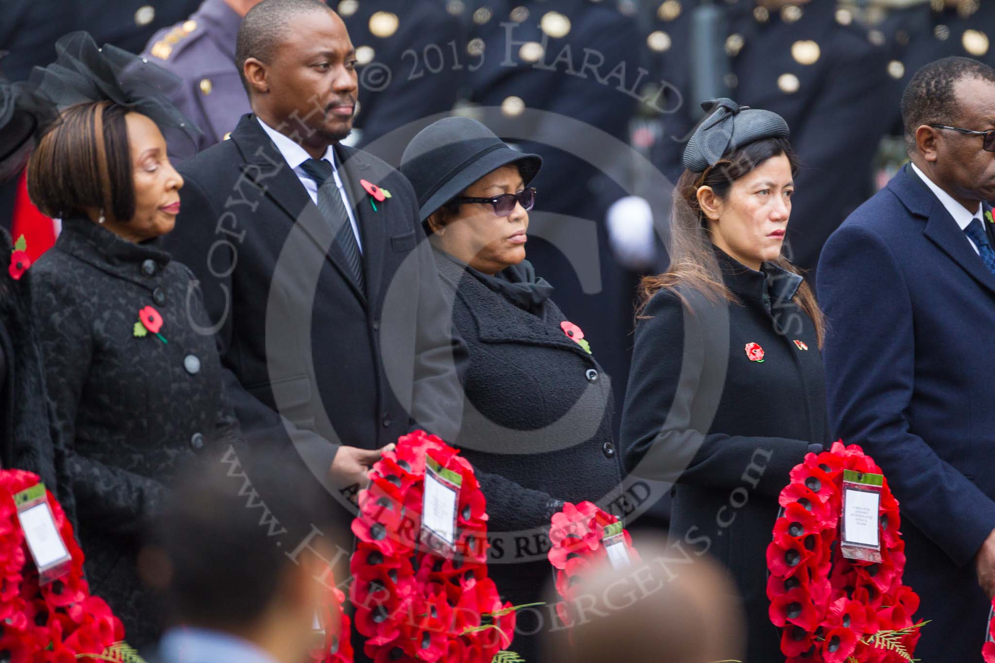 Remembrance Sunday at the Cenotaph 2015: The High Commissioner of Lesotho, the Charge D’Affaires of Botswana, the High Commissioner of Guyana, and the High Commissioner of Singapore. Image #229, 08 November 2015 11:09 Whitehall, London, UK