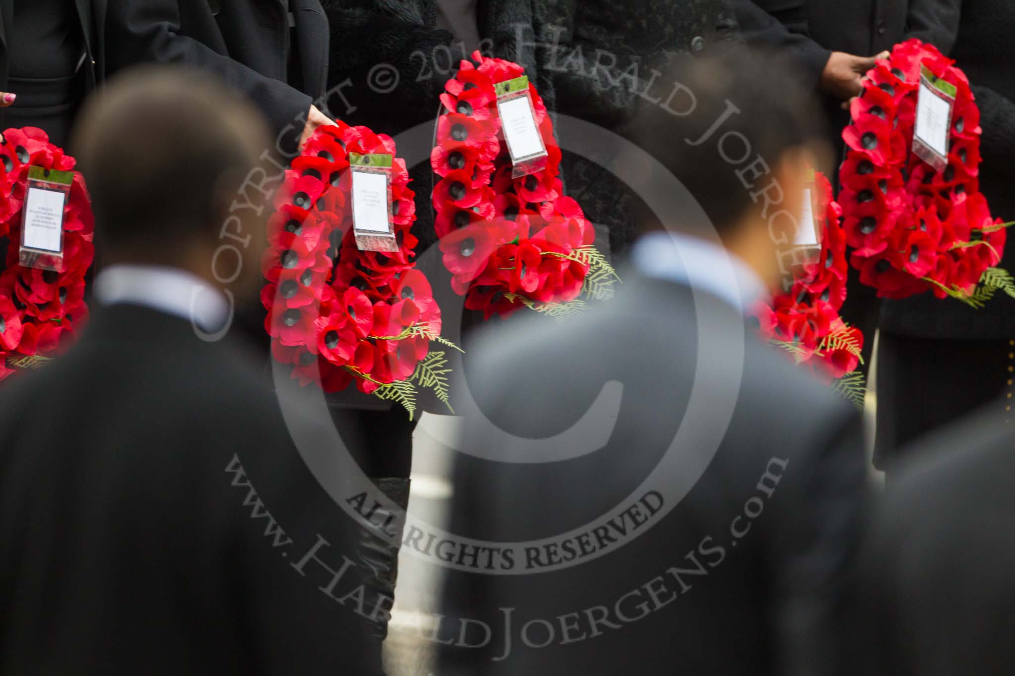 Remembrance Sunday at the Cenotaph 2015: The wreaths carried by the High Commissioners standing at the Cenotaph. Image #236, 08 November 2015 11:09 Whitehall, London, UK