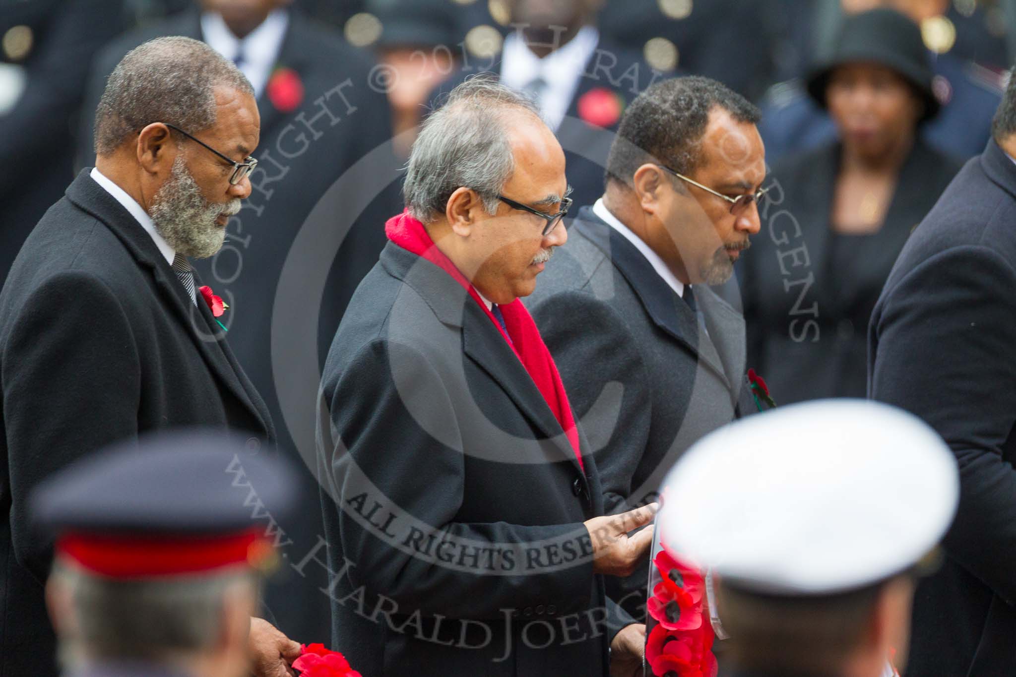 Remembrance Sunday at the Cenotaph 2015: The High Commissioners of The Bahamas, Bangladesh, and Fiji standing at the Cenotaph with their wreaths. Image #245, 08 November 2015 11:11 Whitehall, London, UK