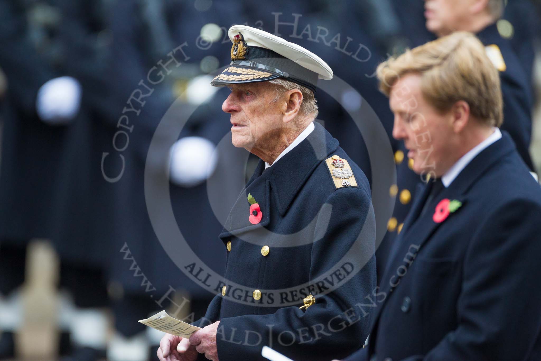 Remembrance Sunday at the Cenotaph 2015: HRH The Duke of Edinburgh during the service at the Cenotaph, in front HM The King of the Netherlands. Image #290, 08 November 2015 11:14 Whitehall, London, UK