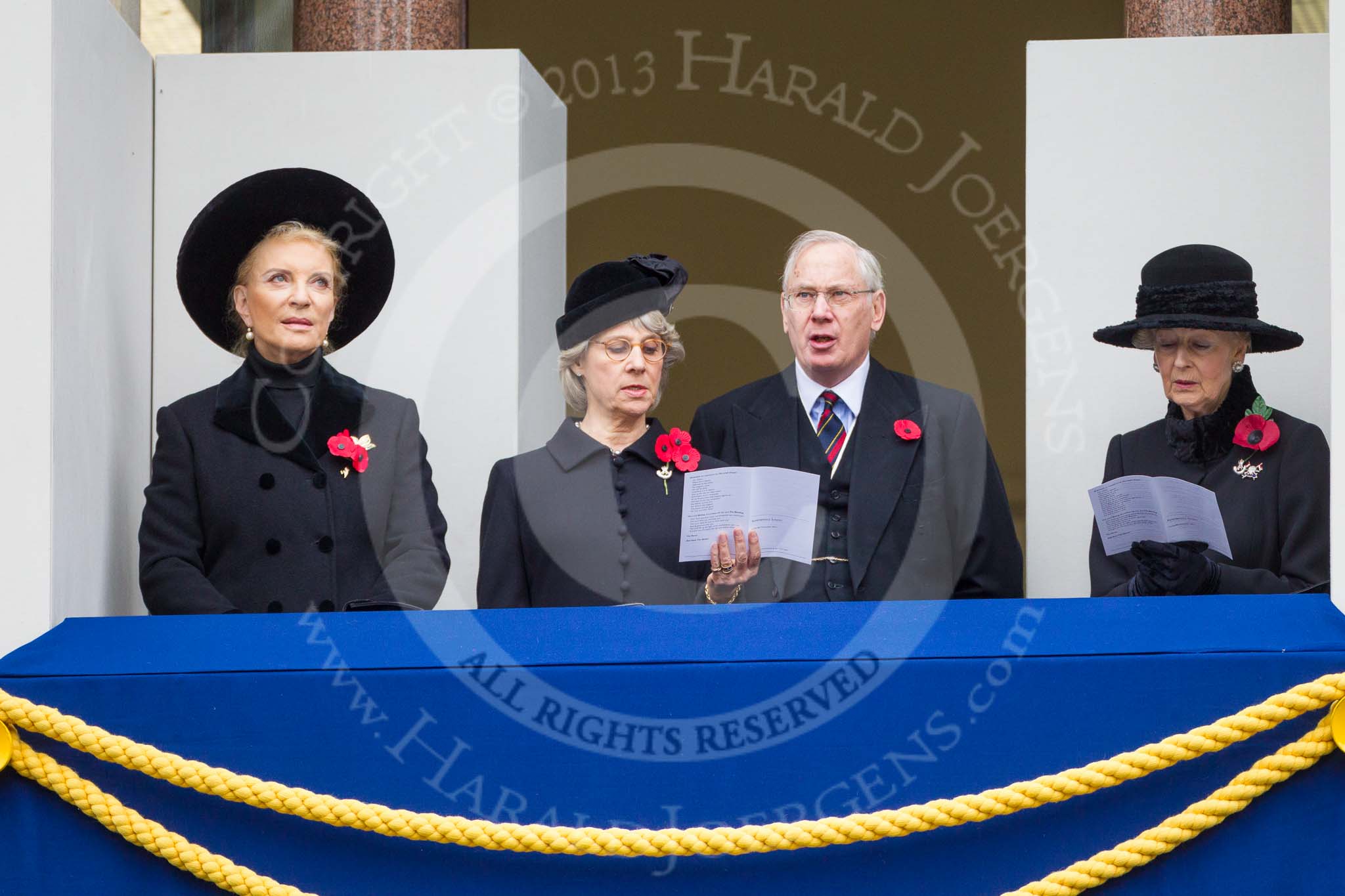 Remembrance Sunday at the Cenotaph 2015: HRH Princess Michael of Kent, THR The Duchess and Duke of Gloucester, and HRH Princess Alexandra, the Hon. Lady Ogilvy,  on the centre balcony of the Foreign- and Commonwealth Office building during the service. Image #293, 08 November 2015 11:15 Whitehall, London, UK