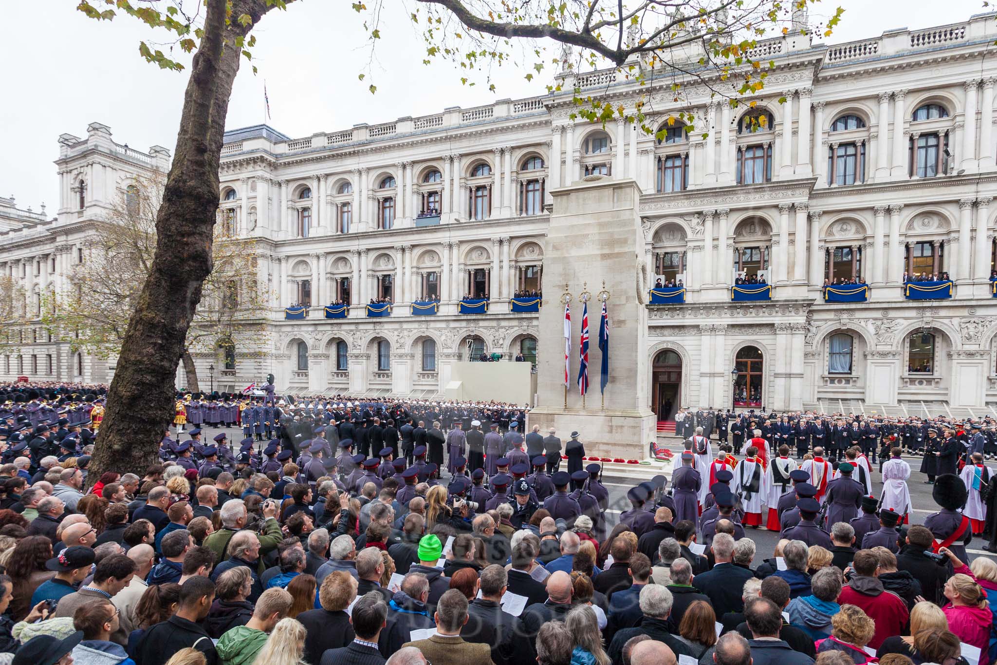 Remembrance Sunday at the Cenotaph 2015: Wide angle view of the Cenotaph ceremony from the press stand opposite the Foreign- and Commonwealth Office. Image #297, 08 November 2015 11:16 Whitehall, London, UK