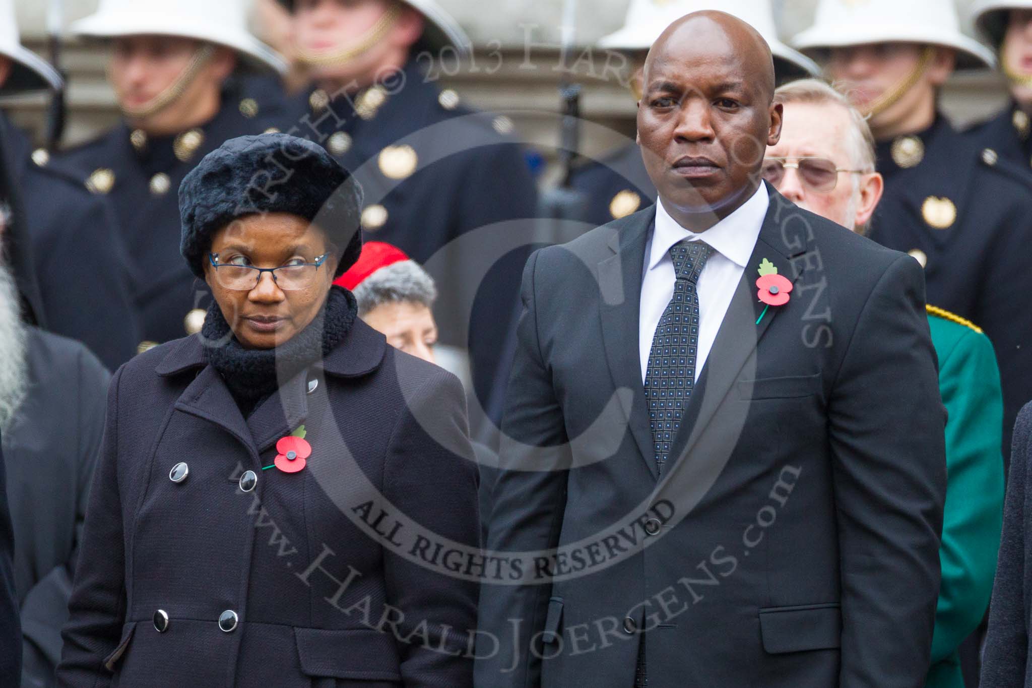 Remembrance Sunday at the Cenotaph 2015: The Minister Counsellor of Jamaica and the High Commissioner of Tanzania standing at the Cenotaph. Image #313, 08 November 2015 11:19 Whitehall, London, UK
