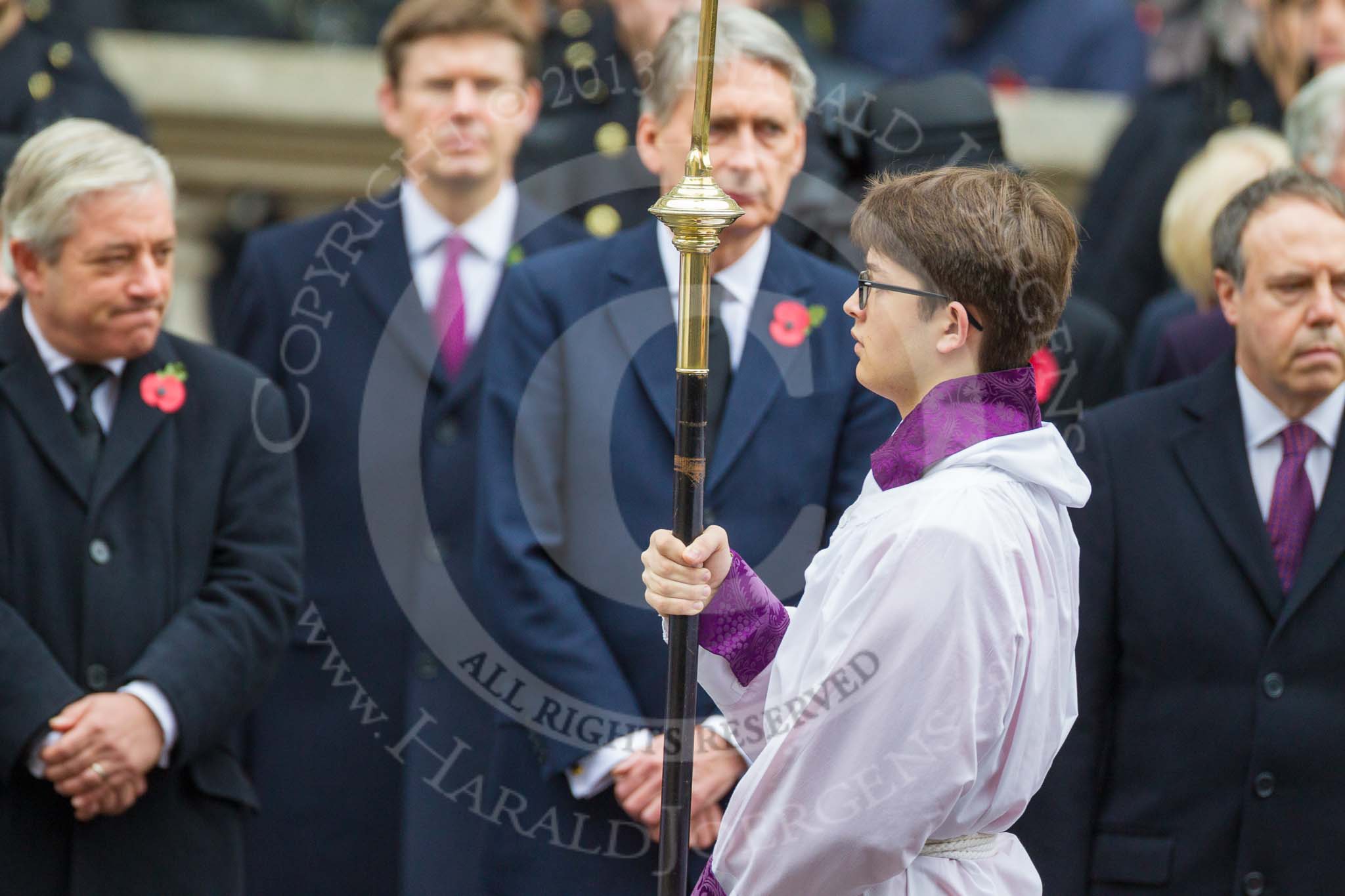 Remembrance Sunday at the Cenotaph 2015: The Cross Bearer, Jason Panagiotopoulos, on the way back to the Foreign- and Commonwealth Office. Image #321, 08 November 2015 11:21 Whitehall, London, UK