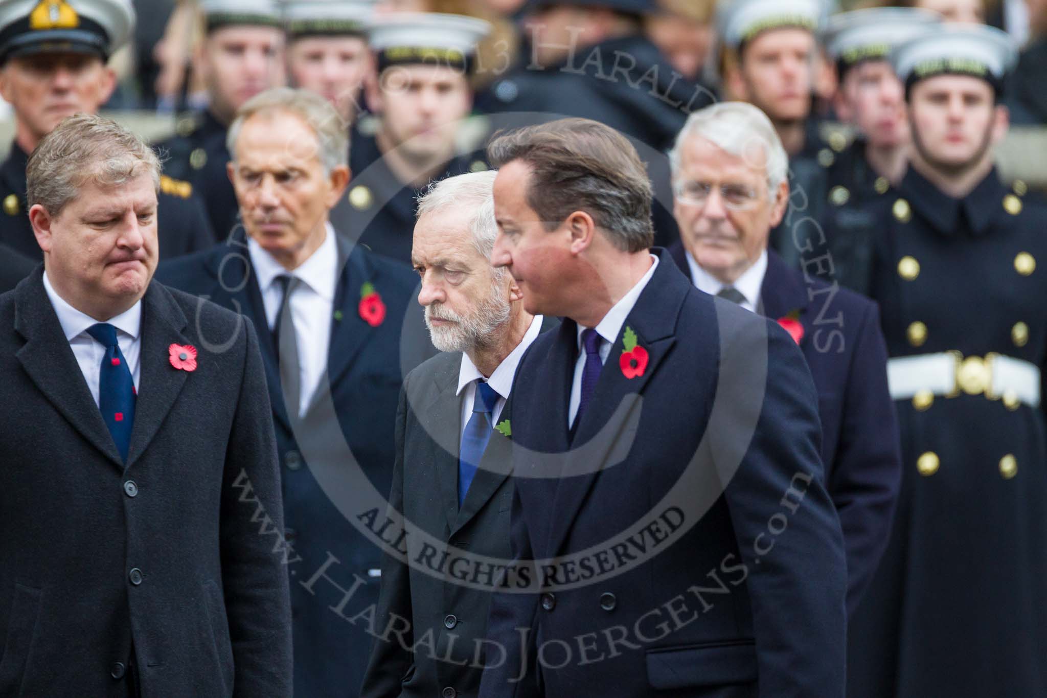 Remembrance Sunday at the Cenotaph 2015: The Prime Minister, David Cameron, and the official leader of the opposition, Jeremy Corbyn, on the way back to the Foreign- and Commonwealth Office. Image #324, 08 November 2015 11:21 Whitehall, London, UK