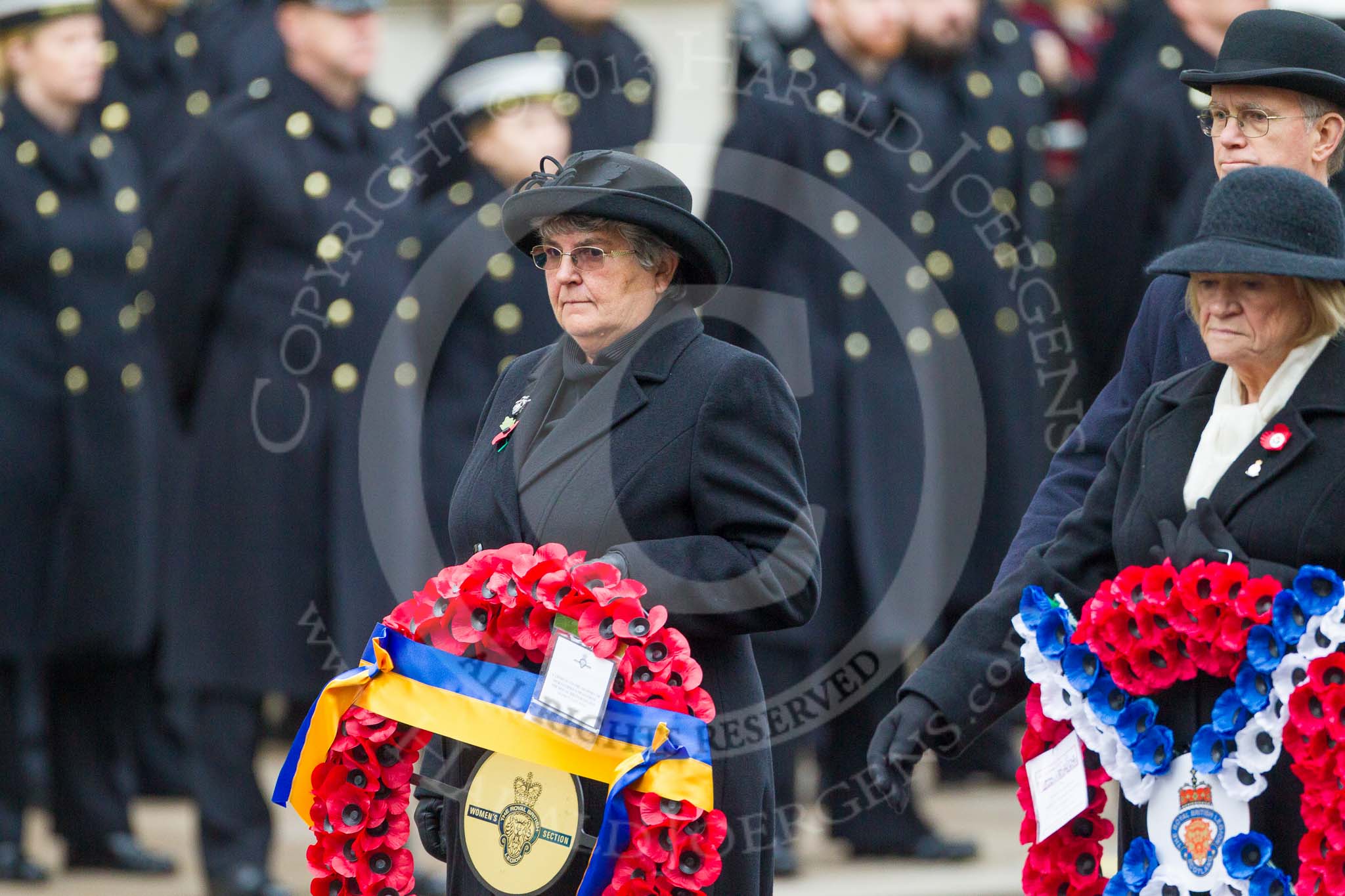 Remembrance Sunday at the Cenotaph 2015: The Royal British Legion Women’s Section National Chairman Mrs Marilyn Humphry. On the right Janet Harvey, representing the British Legion Scotland. Image #332, 08 November 2015 11:24 Whitehall, London, UK