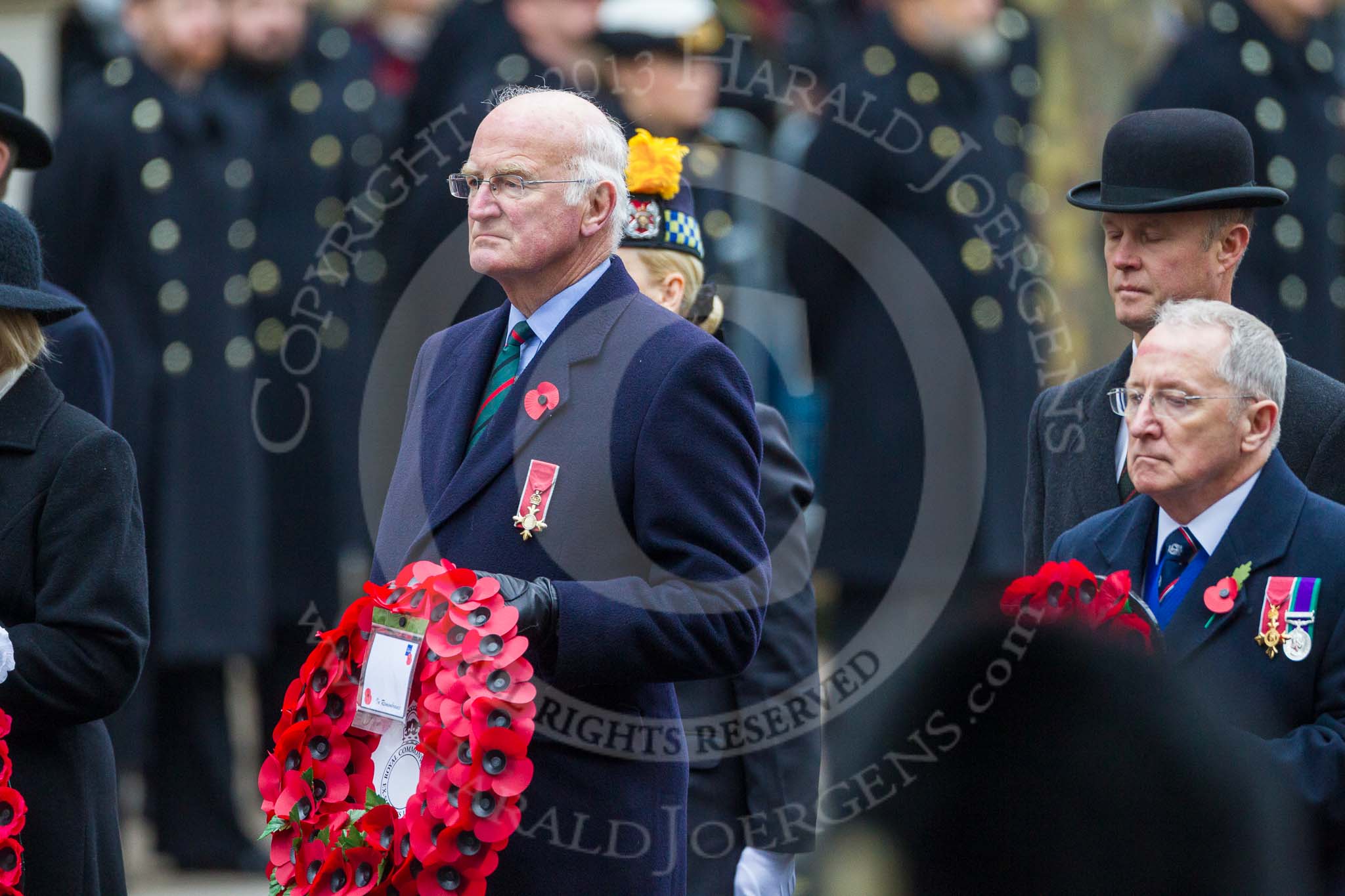 Remembrance Sunday at the Cenotaph 2015: Mr Patrick Mitford-Slade with a wreath on behalf of the Royal Commonwealth Ex-Services League. Behind him Christopher Dovey, the national chairman of the Royal Naval Association. Image #334, 08 November 2015 11:24 Whitehall, London, UK