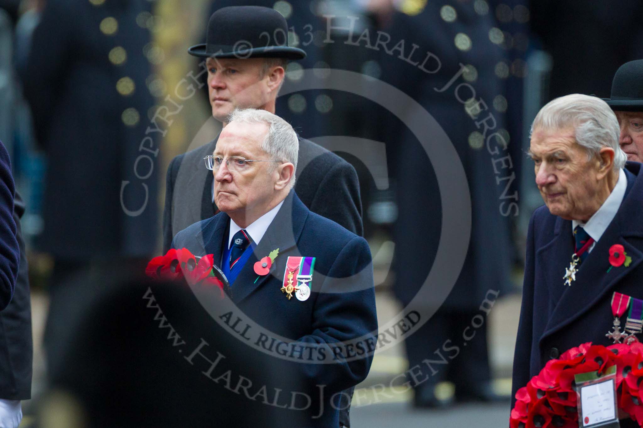 Remembrance Sunday at the Cenotaph 2015: Christopher Dovey, the national chairman of the Royal Naval Association, begind him Air Vice-Marshal David Whitaker, area president of the Royal Air Force Association. Image #335, 08 November 2015 11:25 Whitehall, London, UK