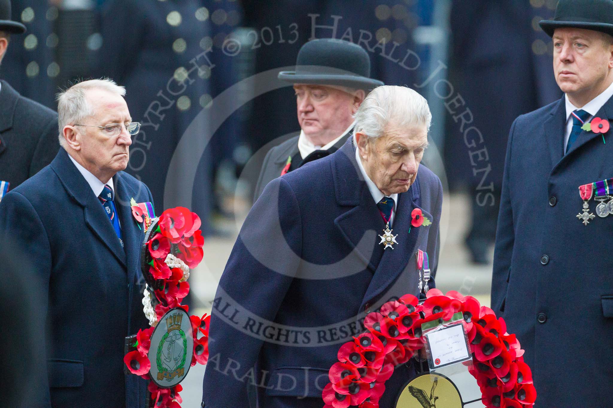 Remembrance Sunday at the Cenotaph 2015: Air Vice-Marshal David Whitaker, area president of the Royal Air Force Association, will lay a wreath on their behalf. Behind him Christopher Dovey, the national chairman of the Royal Naval Association. Image #338, 08 November 2015 11:25 Whitehall, London, UK