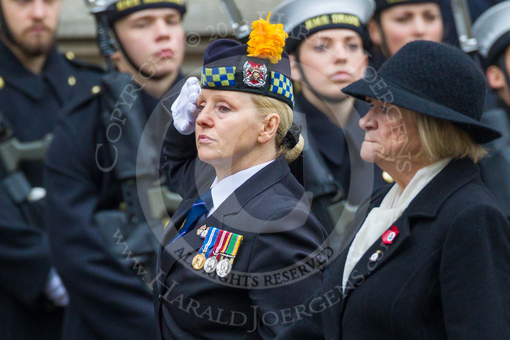 Remembrance Sunday at the Cenotaph 2015: On the right Jan Harvey, Chair of the Board of Trustees of  Royal British Legion Scotland, on the left Margaret Brown, the Angus and Perthshire Area Secretary. Image #347, 08 November 2015 11:27 Whitehall, London, UK