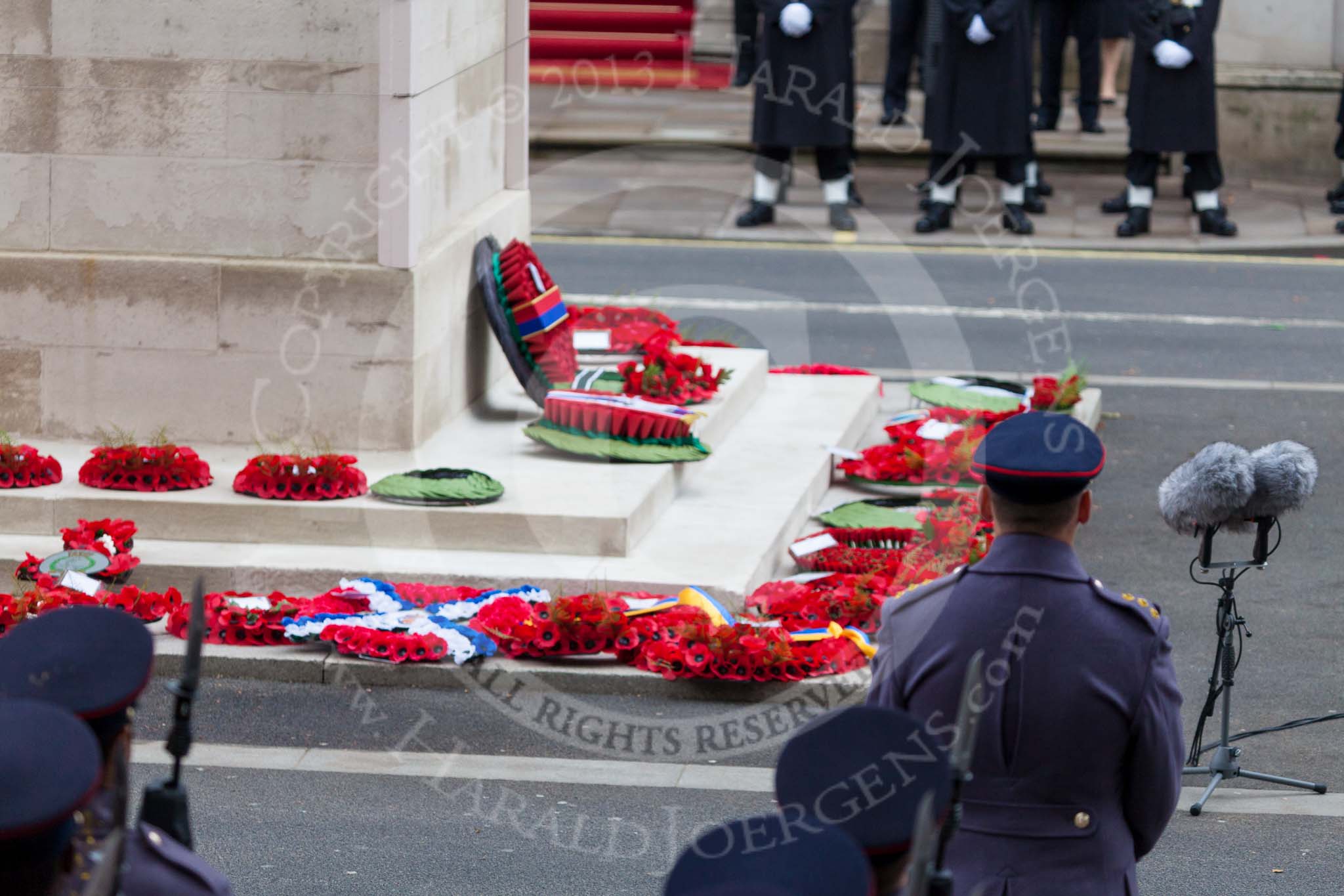 Remembrance Sunday at the Cenotaph 2015: After the March Past - wreaths at the Cenotaph. Image #359, 08 November 2015 12:24 Whitehall, London, UK