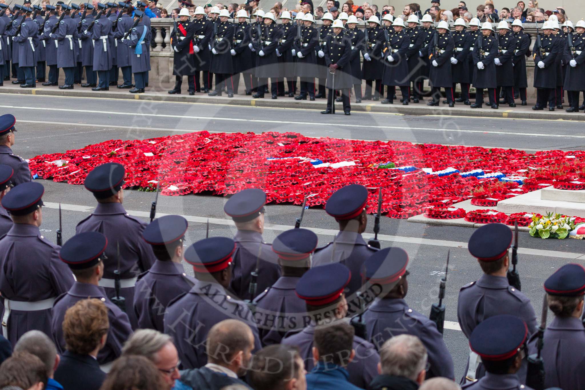 Remembrance Sunday at the Cenotaph 2015: After the March Past - a field of wreaths at the Cenotaph. Image #360, 08 November 2015 12:24 Whitehall, London, UK