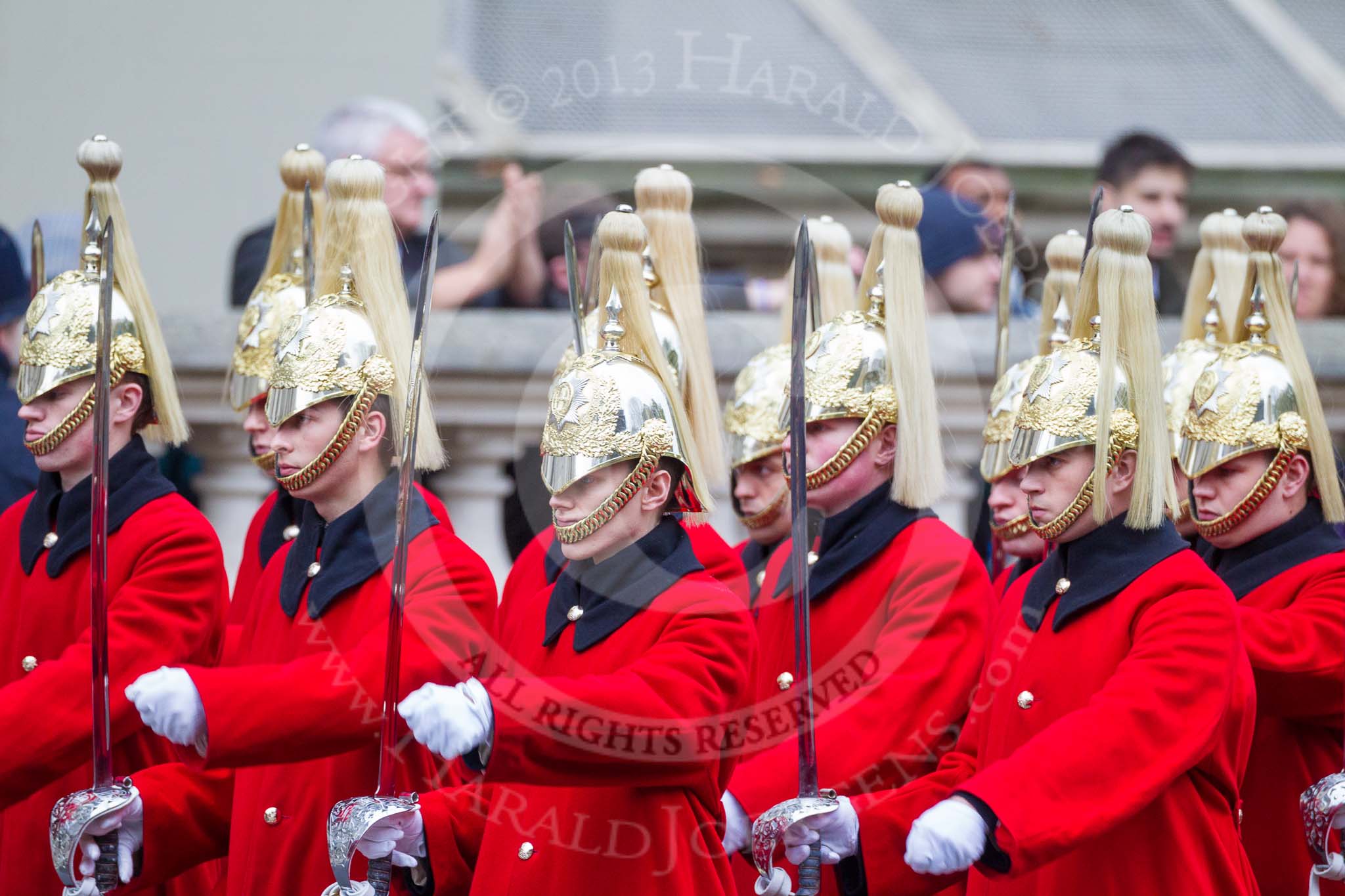 Remembrance Sunday at the Cenotaph 2015: After the March Past - the Household Cavalry is marching off. Image #367, 08 November 2015 12:31 Whitehall, London, UK