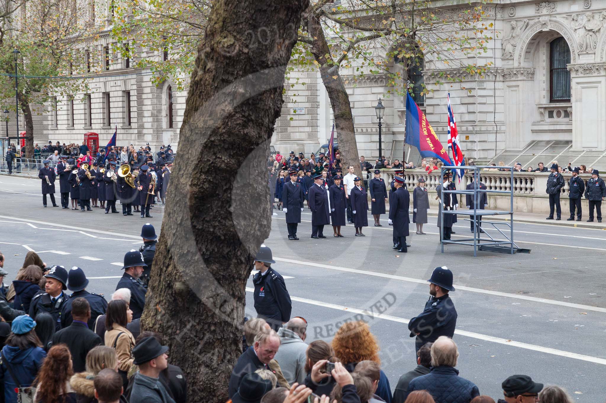 Remembrance Sunday at the Cenotaph 2015: Regent Hall Salvation Army conduct their annual service of Remembrance at the Cenotaph. Regent Hall is the only church on Oxford Street in Central London, they pay their respects, as a local presence, separately from the national representatives that take part in the official March Past. Image #390, 08 November 2015 13:09 Whitehall, London, UK