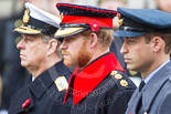 Remembrance Sunday at the Cenotaph 2015: HRH Prince Henry of Wales during the Cenotaph ceremony 2015. Prince Harry is wearing the uniform of  a Captain in the Blues and Royals Household Cavelry Regiment.
To his left is Prince William, to his right the Duke of York. Image #148, 08 November 2015 11:02 Whitehall, London, UK