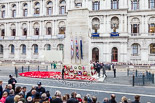 Remembrance Sunday at the Cenotaph 2015: After the event. The wreaths have been repositioned and  the fencing around the Cenotaph is set up. Image #379, 08 November 2015 12:54 Whitehall, London, UK