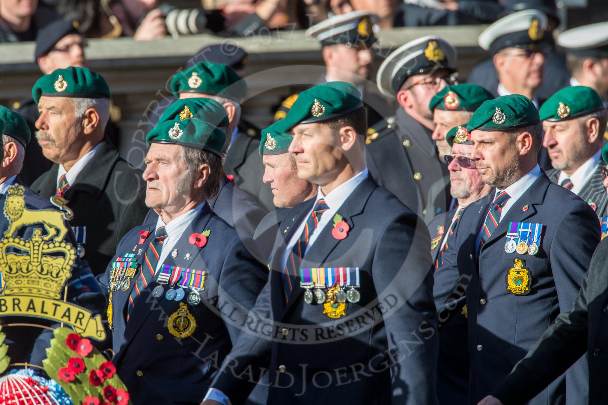 The Royal Marines Association  (Group E2, 59 members) during the Royal British Legion March Past on Remembrance Sunday at the Cenotaph, Whitehall, Westminster, London, 11 November 2018, 11:41.