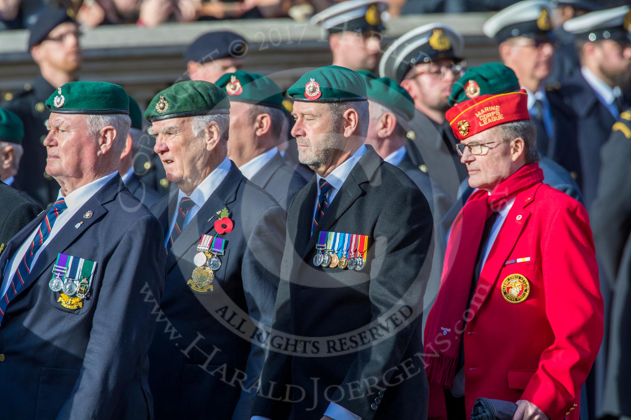 The Royal Marines Association  (Group E2, 59 members)during the Royal British Legion March Past on Remembrance Sunday at the Cenotaph, Whitehall, Westminster, London, 11 November 2018, 11:41.