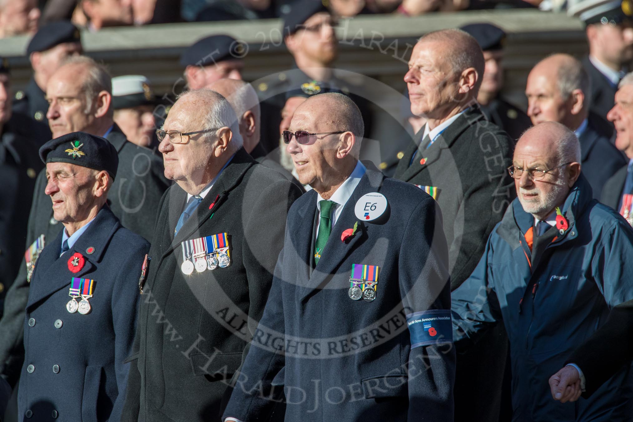 Fleet Air Arm Armourers Association  (Group E6, 27 members) during the Royal British Legion March Past on Remembrance Sunday at the Cenotaph, Whitehall, Westminster, London, 11 November 2018, 11:42.