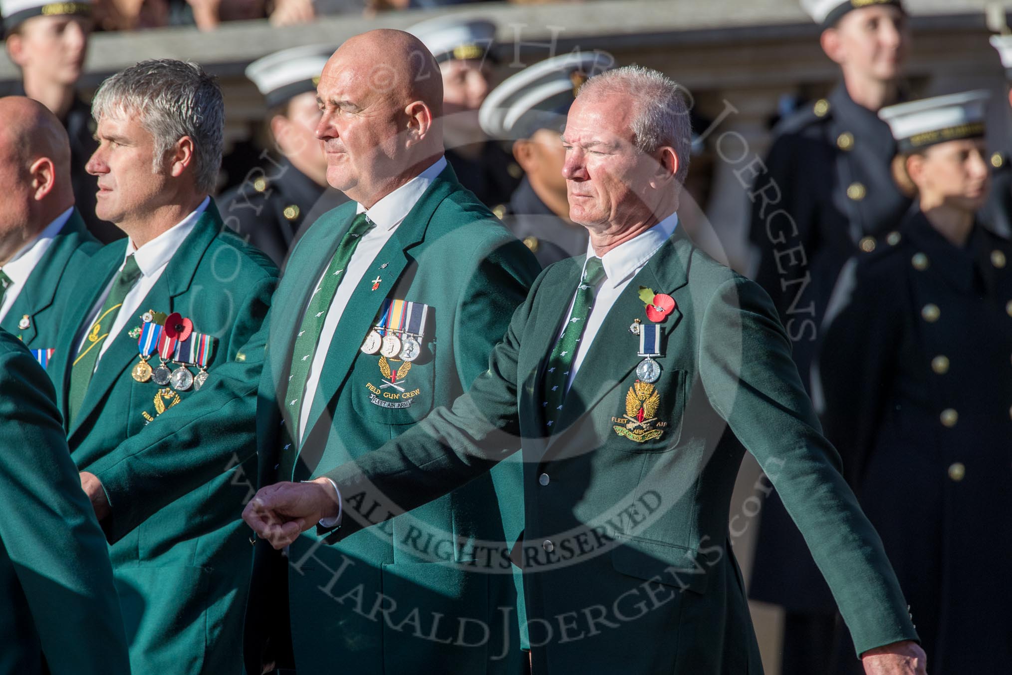 Fleet Air Arm Field Gun Association  (Group E10, 36 members) during the Royal British Legion March Past on Remembrance Sunday at the Cenotaph, Whitehall, Westminster, London, 11 November 2018, 11:43.