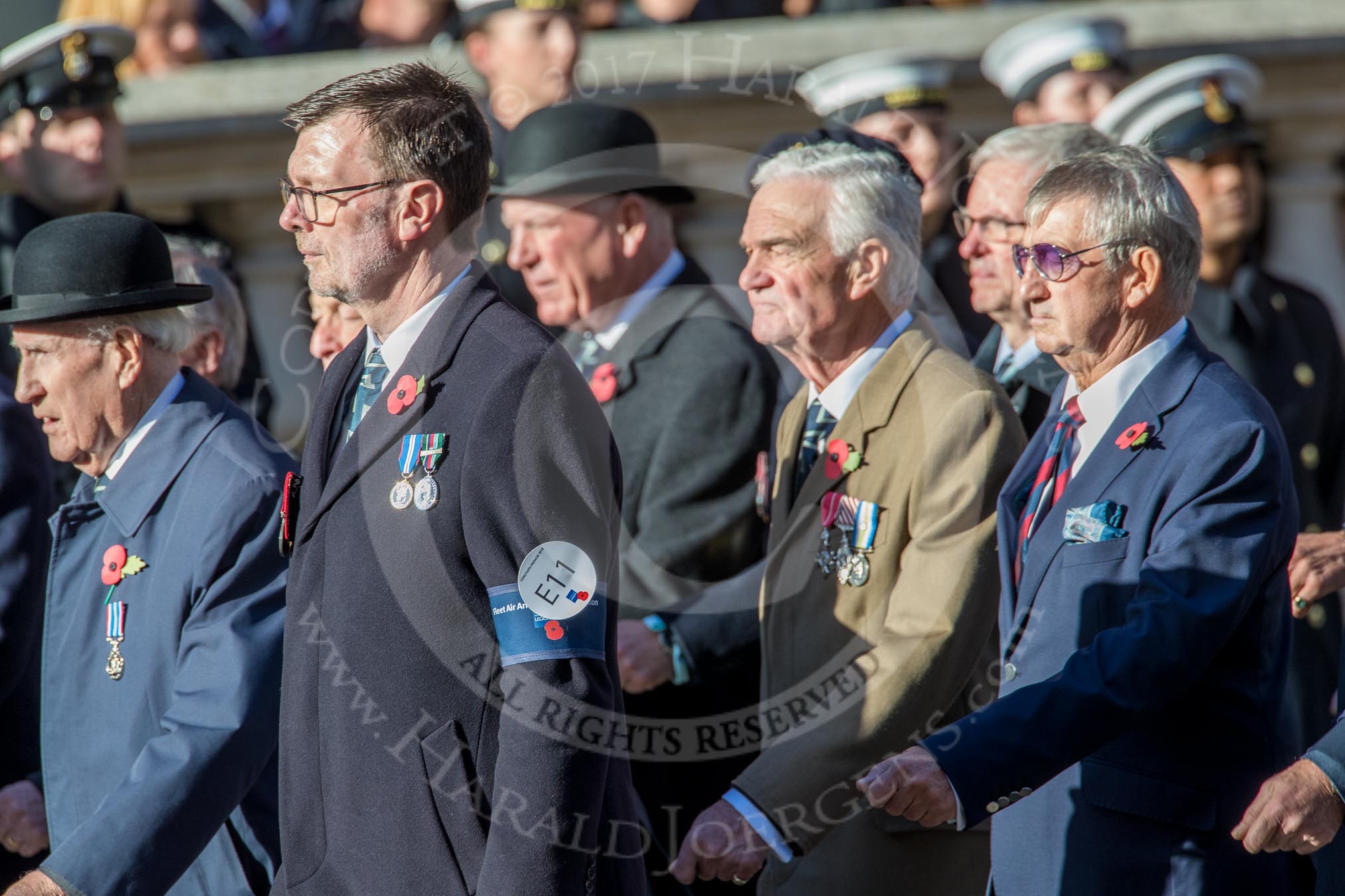 Fleet Air Arm Officers' Association  (Group E11, 22 members) during the Royal British Legion March Past on Remembrance Sunday at the Cenotaph, Whitehall, Westminster, London, 11 November 2018, 11:43.