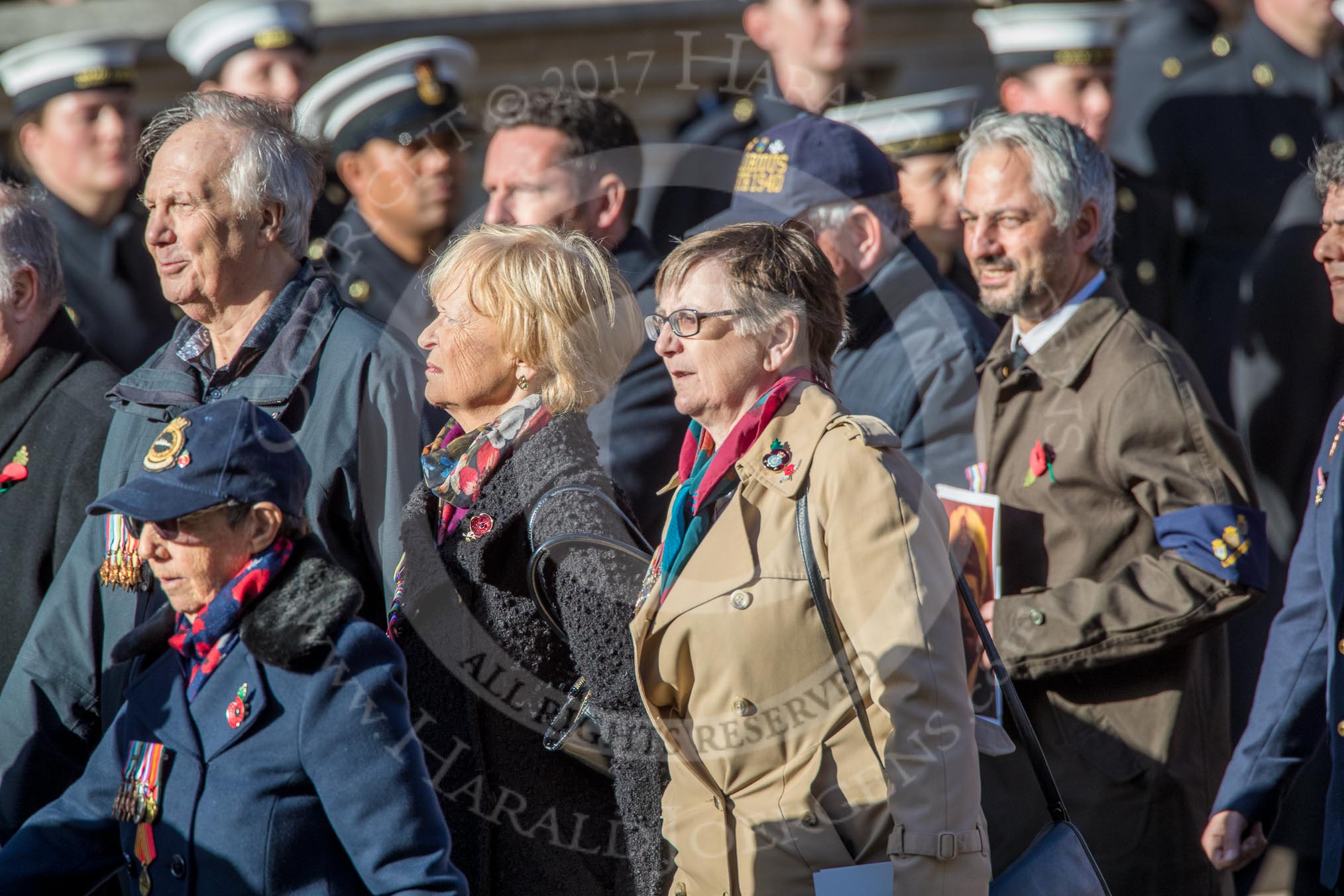Flower Class Corvette Association  (Group E16, 18 members) during the Royal British Legion March Past on Remembrance Sunday at the Cenotaph, Whitehall, Westminster, London, 11 November 2018, 11:43.